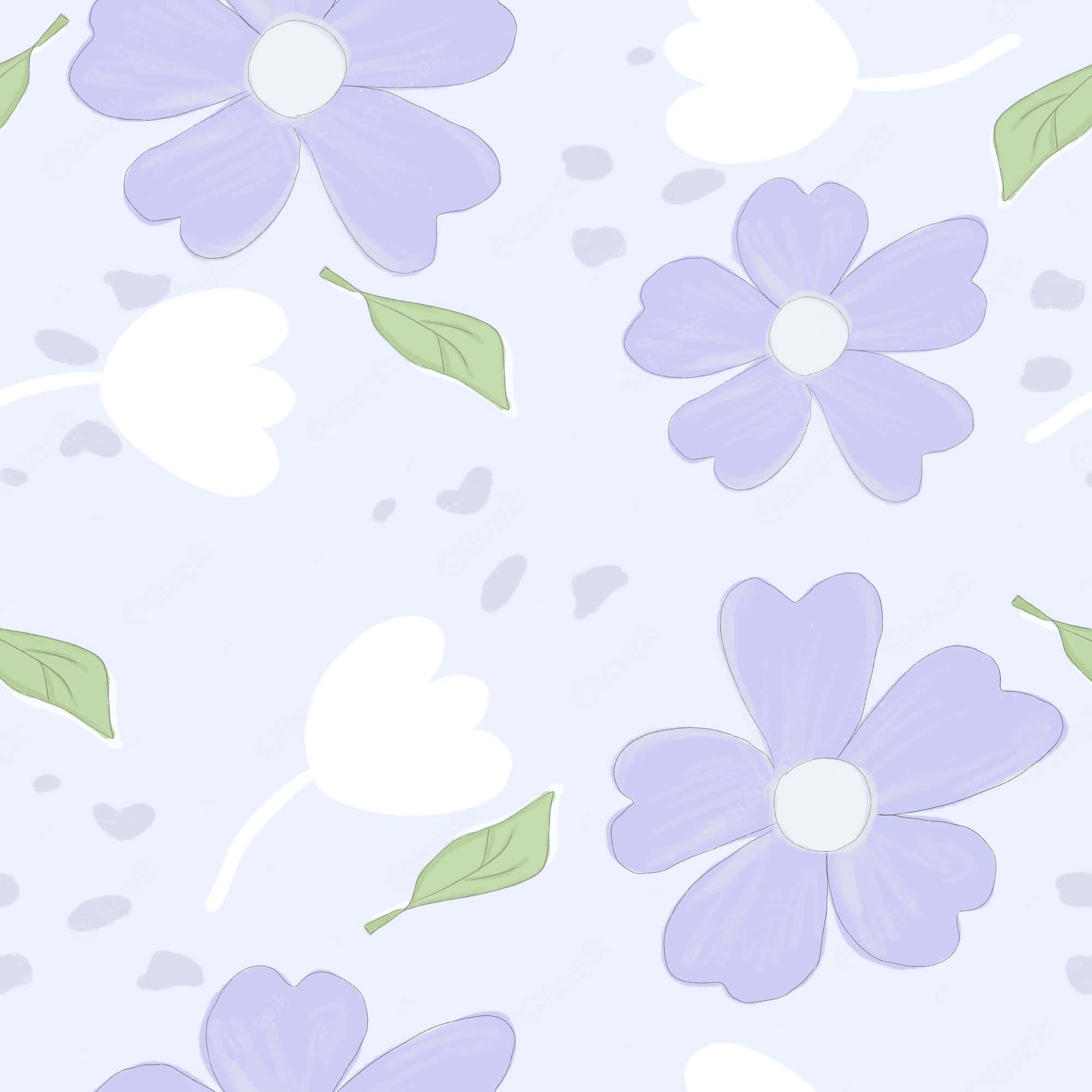Cute Flower 桌布 壁紙 — 粉紫色花朵和綠色葉子輕輕漂浮在帶有細微心形斑點的柔和薰衣草背景上。