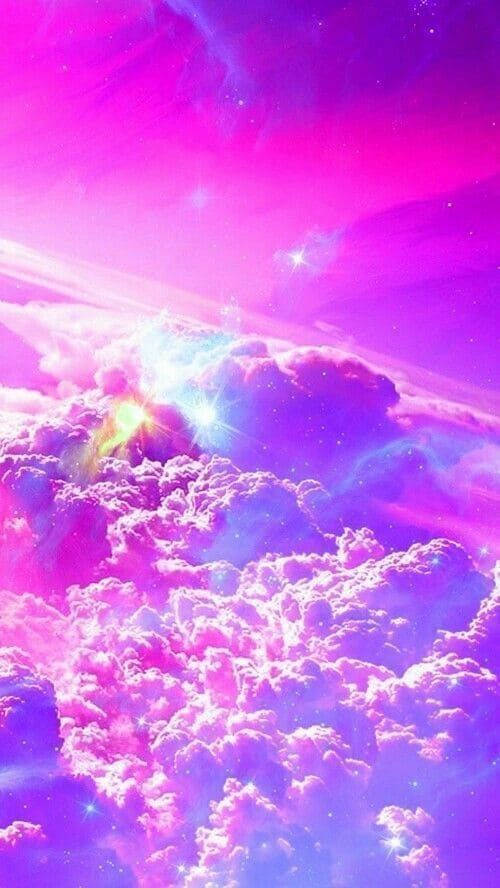 超現實的天空，有發光的粉紅色和紫色雲朵以及閃爍的星星。