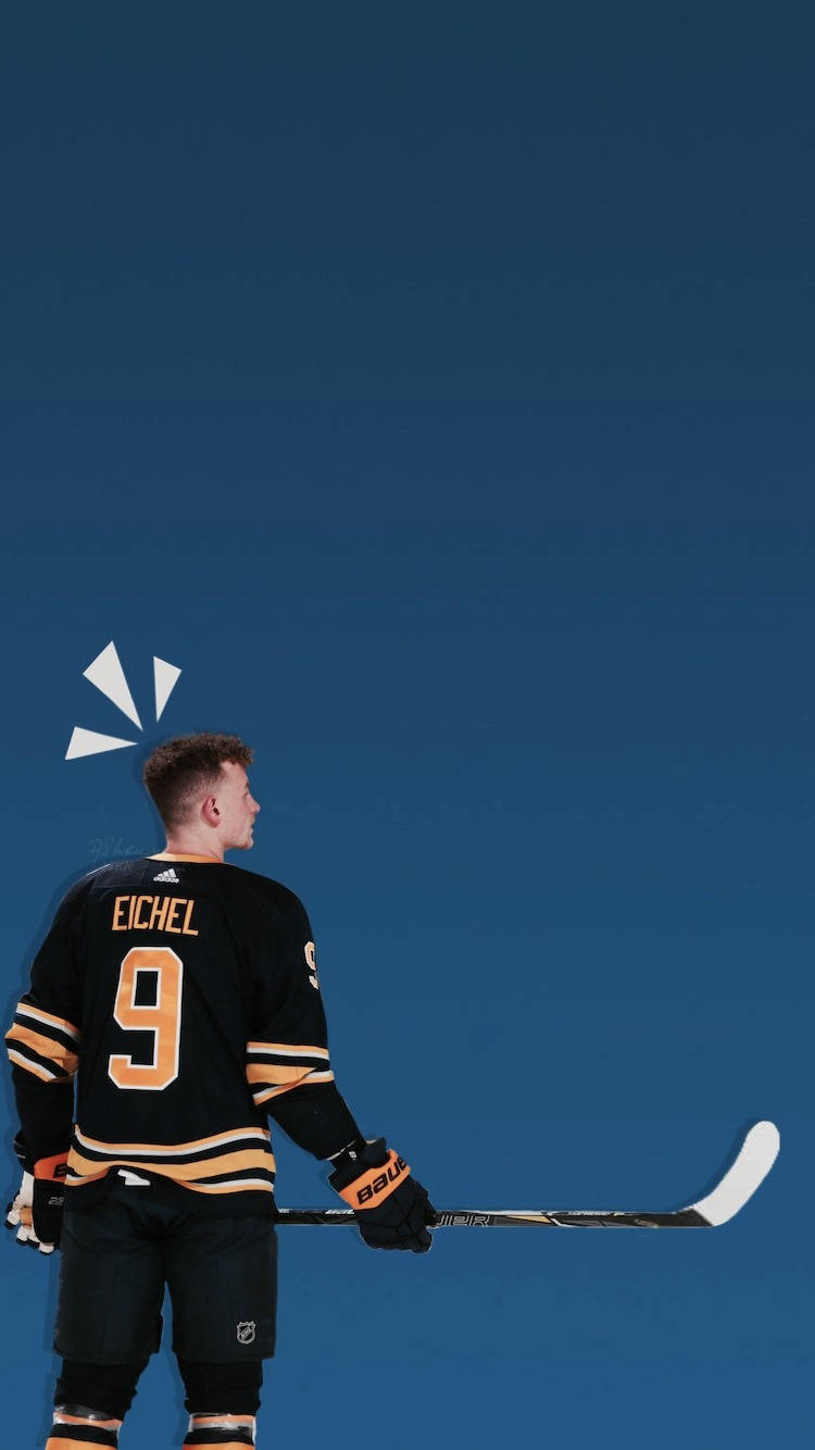 粉絲創作美學海報：NHL 明星傑克·艾奇爾 壁紙 — 一名身穿黑色和金色球衣的曲棍球運動員獨自站在純藍色背景前，手持球桿。