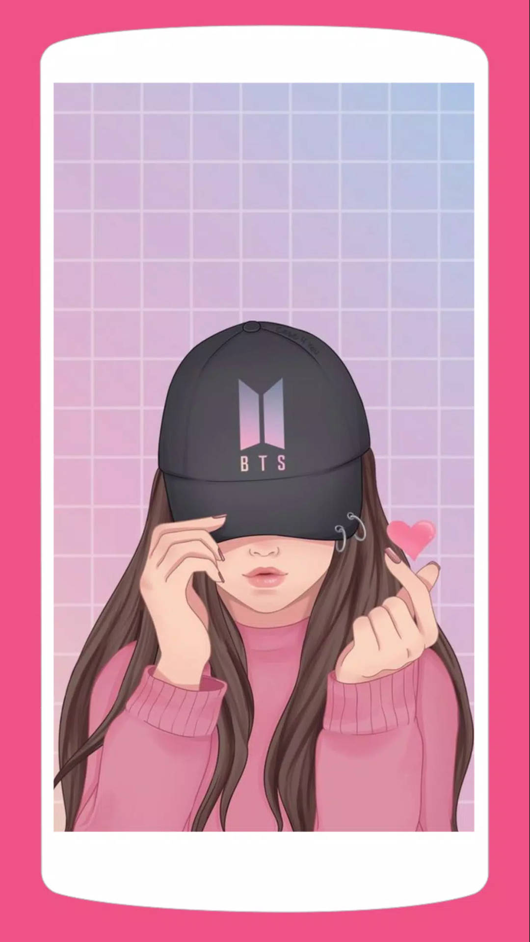 女孩戴著BTS帽和粉紅色毛衣做出心形手勢。