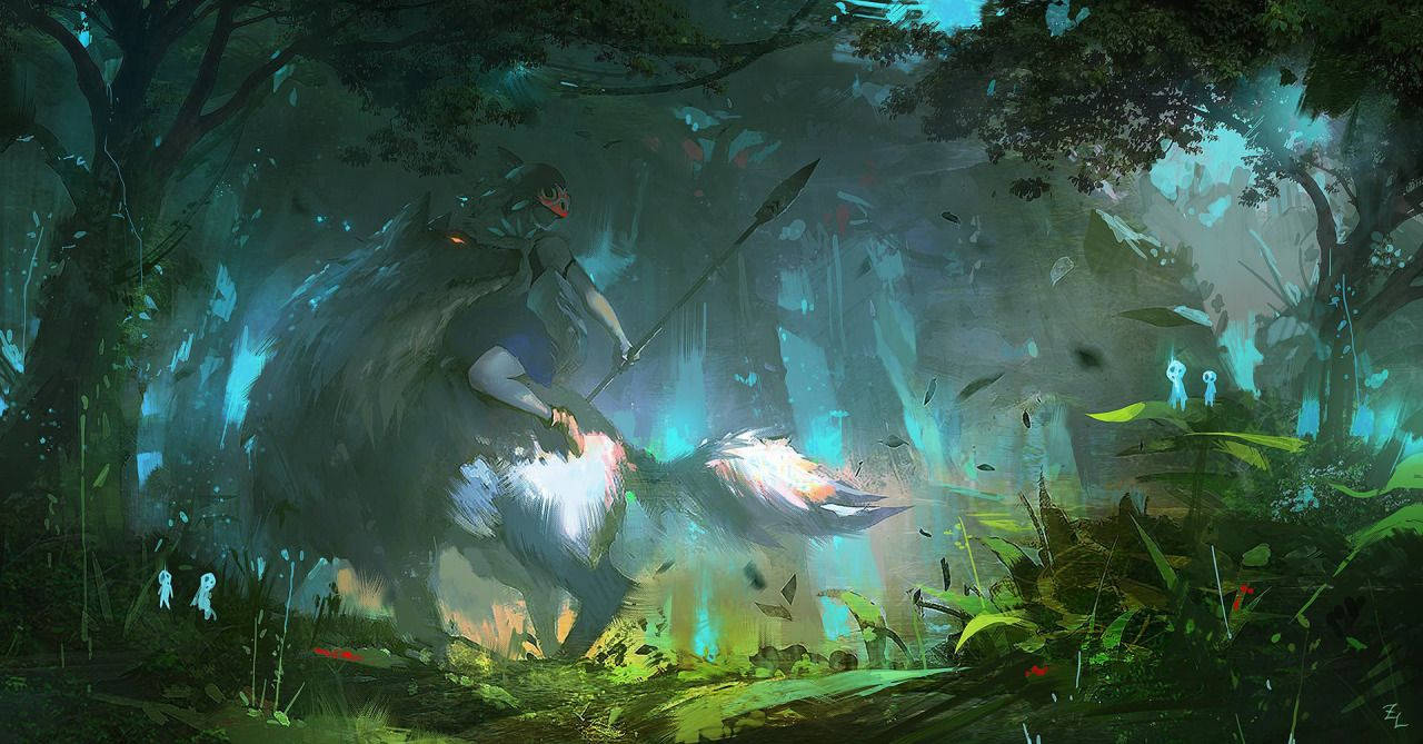 粉絲重新詮釋的《幽靈公主》公主 壁紙 — 一名戰士騎著發光的狼穿過神秘森林，森林沐浴在詭異的藍色和綠色光芒中。