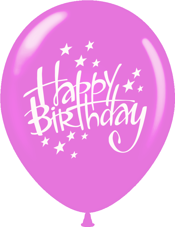 粉色生日快樂氣球 壁紙 — 一個閃亮的粉紅色氣球，帶有白色草書Happy Birthday文字和散落的星星，背景為黑色。