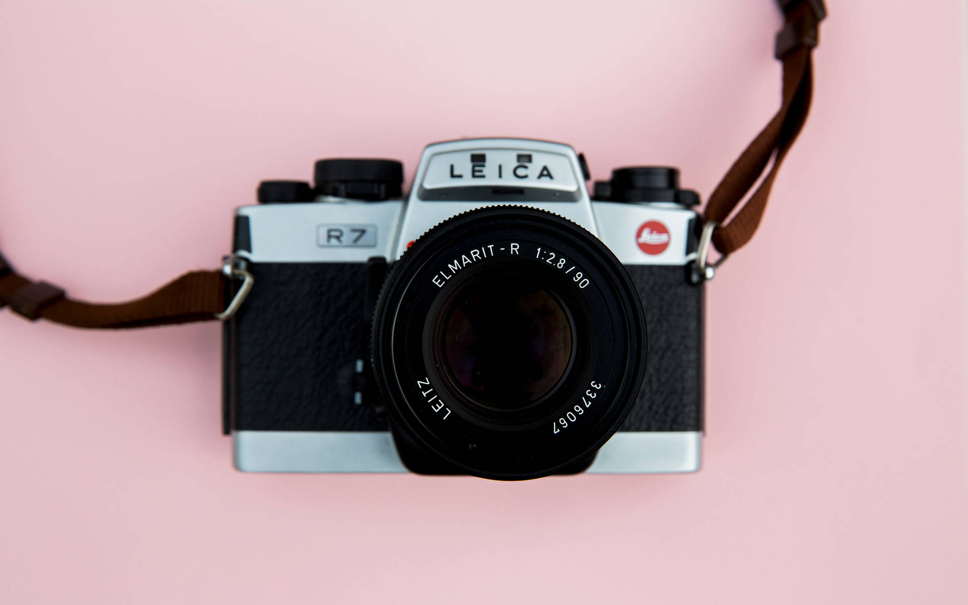 粉色背景上的萊卡單眼相機 壁紙 — 一部復古銀色Leica R7菲林相機，配有黑色鏡頭和棕色背帶，放置在柔和的粉紅色背景上。