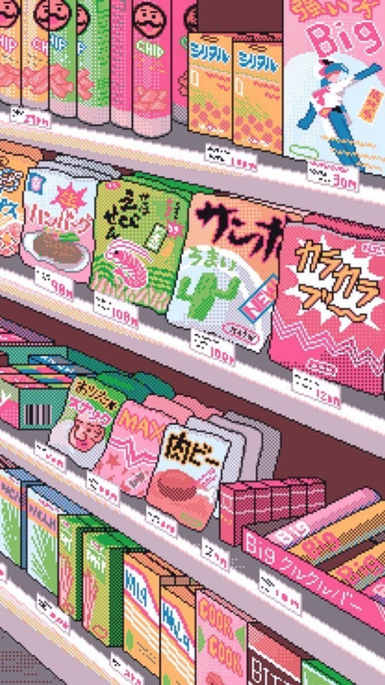 像素化的貨架，裝滿色彩繽紛的日本零食包裝。