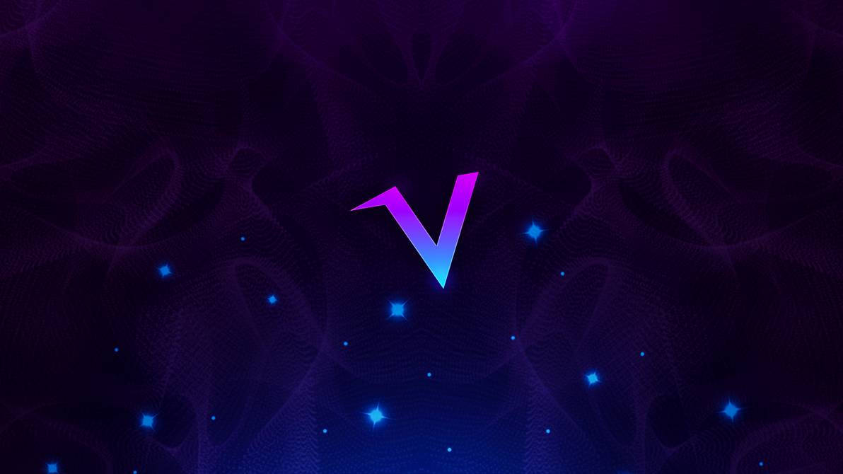粉藍字母V 壁紙 — 一個發光漸變的V字標誌漂浮在旋轉的深紫色圖案和散落的藍色星星之間，背景是宇宙星空。
