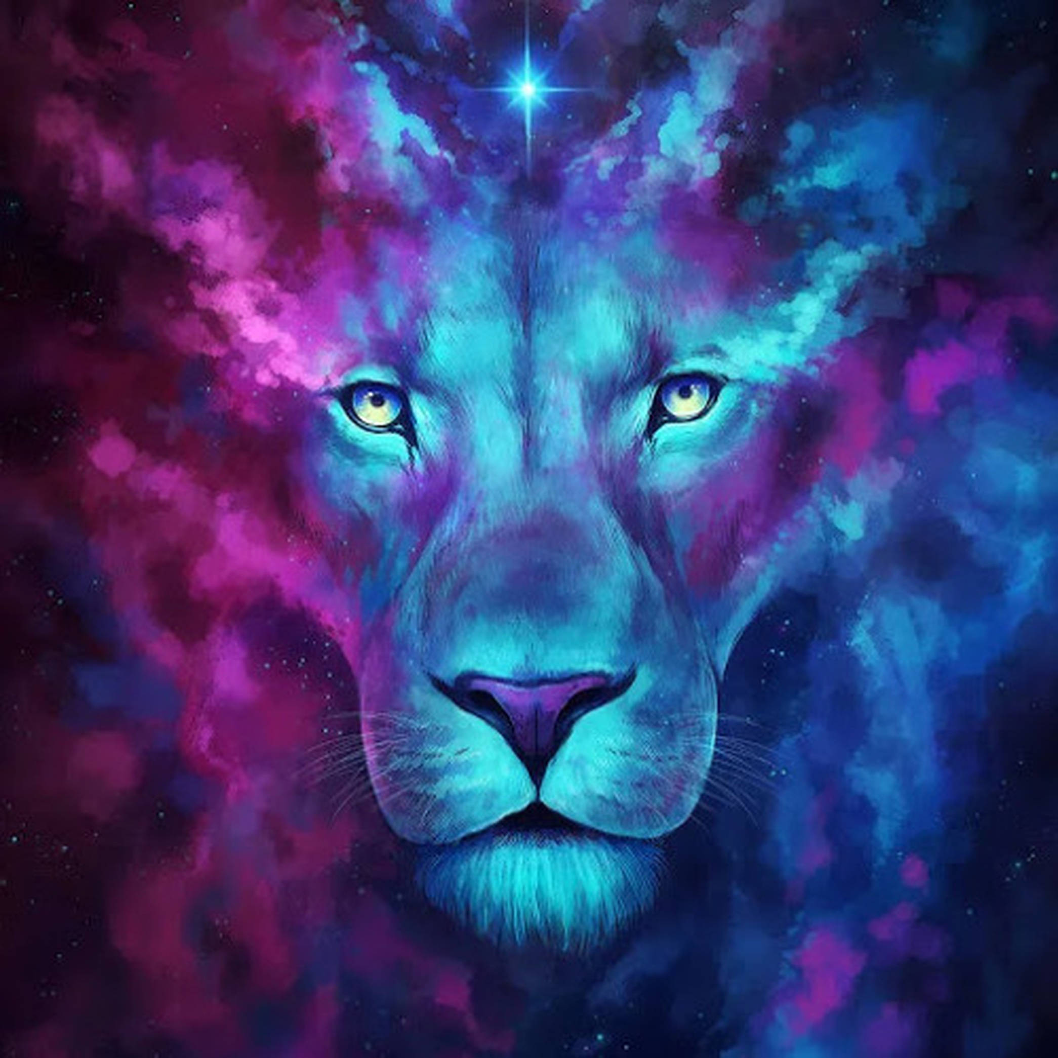 粉藍星系獅子 壁紙 — 一頭雄獅的臉從電光藍和紫色的漩渦宇宙星雲中浮現，眉上有一顆發光的星星。
