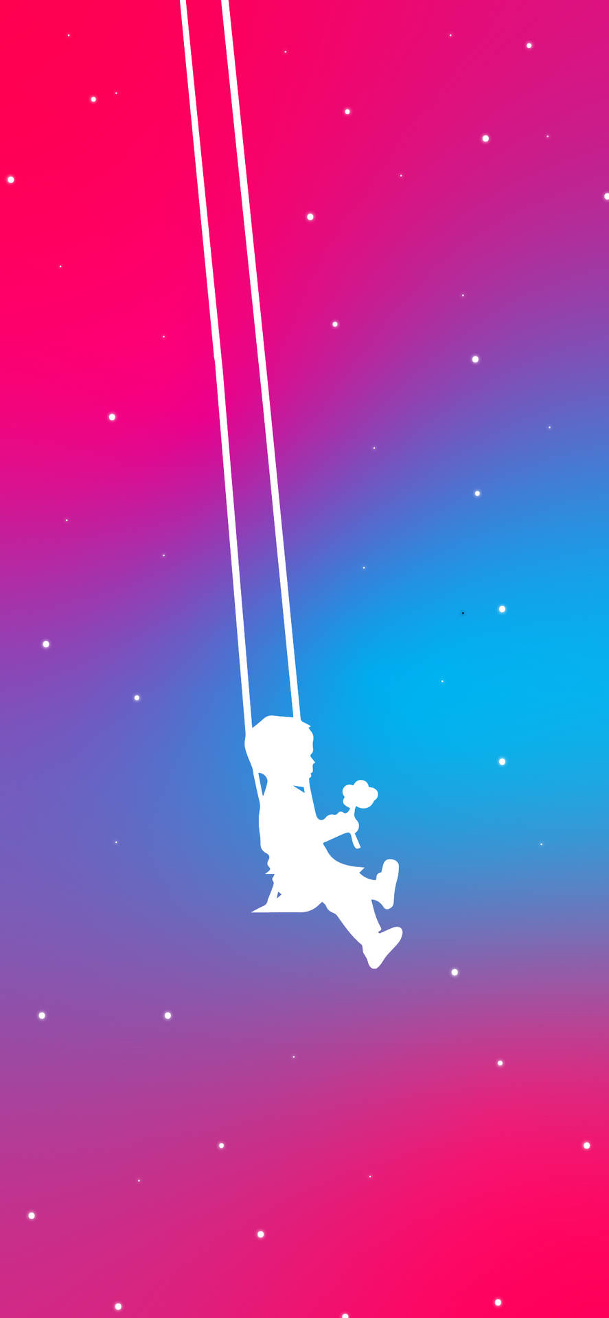孩子在鞦韆上手持花朵，背景是色彩繽紛的星空