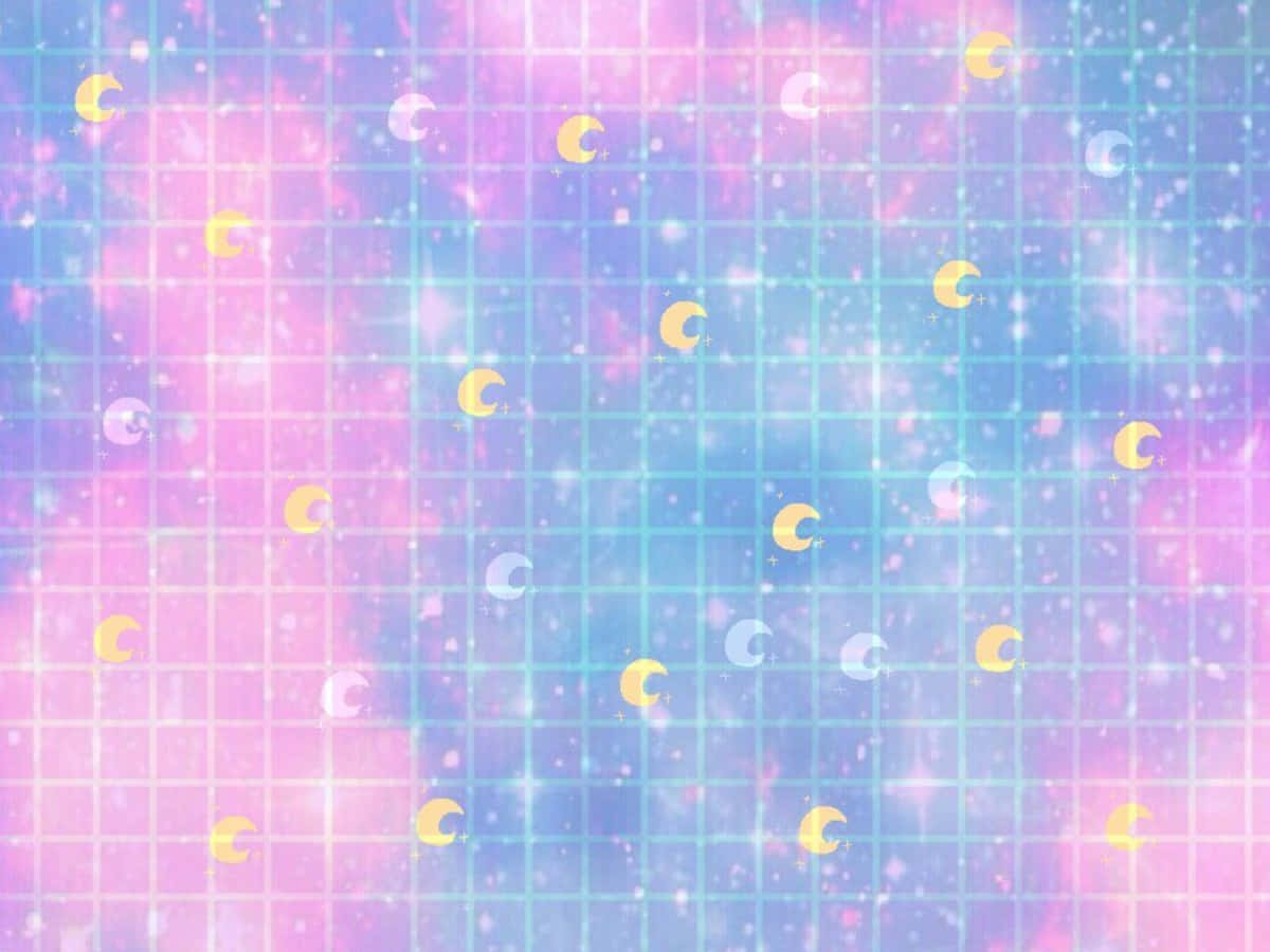 粉彩宇宙網格，發光的彎月在夢幻空間中漂浮。