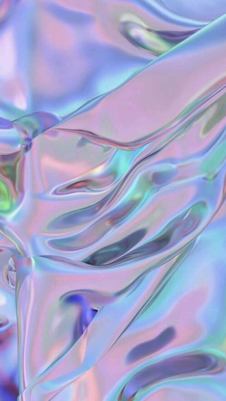 粉藍色全息表面特寫 壁紙 — 流動的彩虹色布料，帶有粉紅、藍色和綠色的柔和粉彩色調，在光線下閃爍。