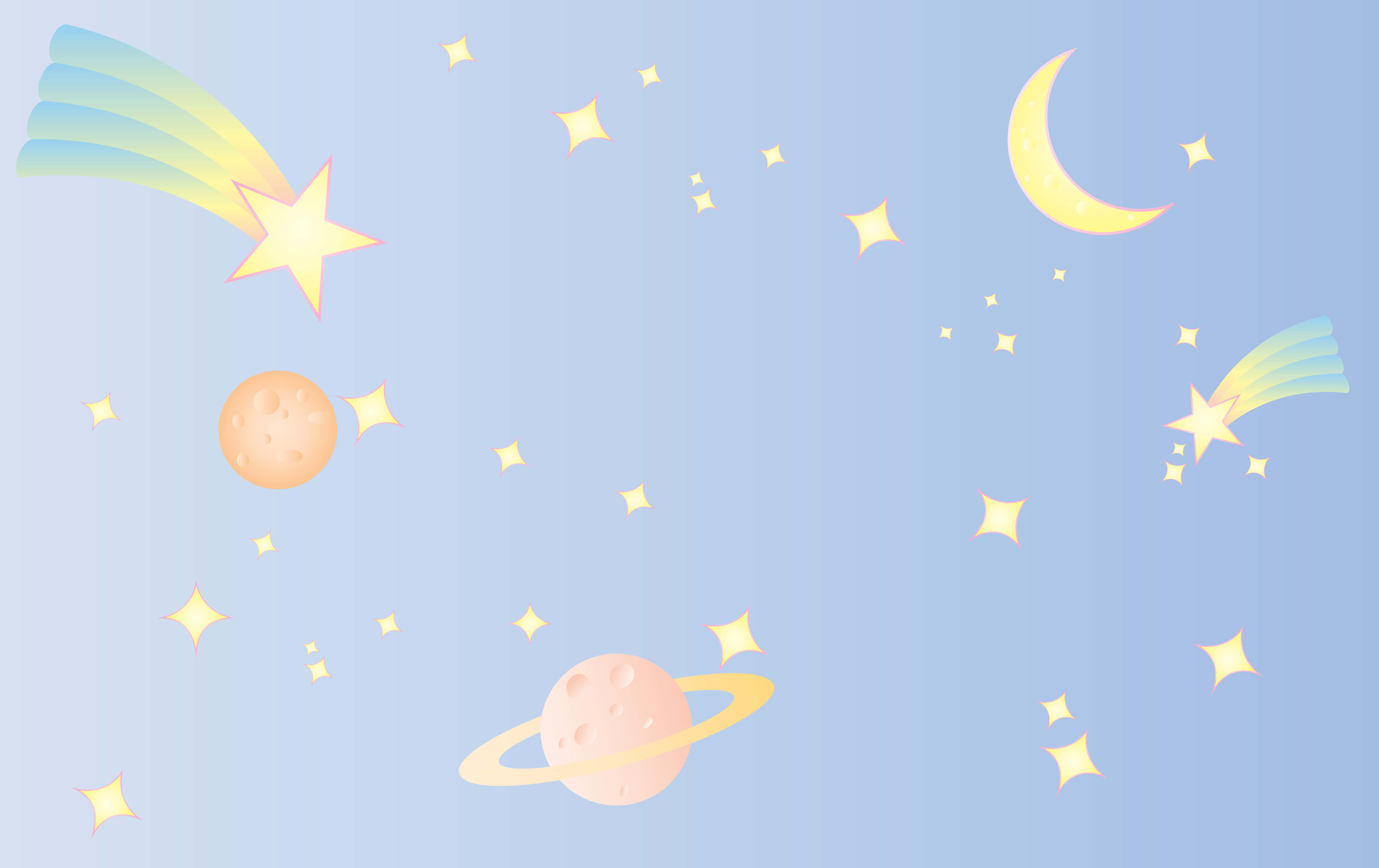 Kawaii Space 桌布 壁紙 — 粉藍色天空充滿發光的星星、新月和色彩繽紛的行星，在太空中輕輕漂浮。