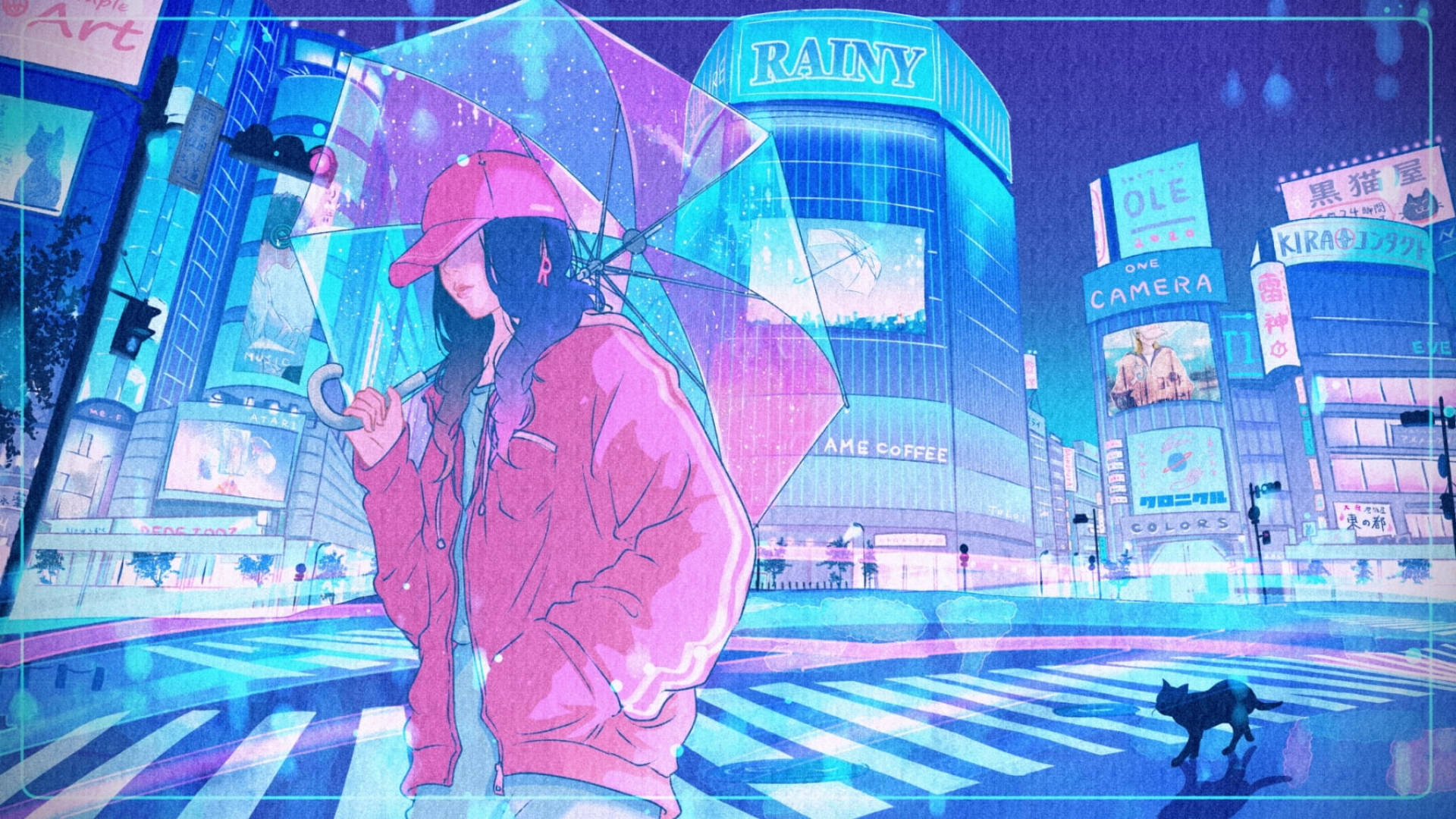 女孩撐著傘在霓虹燈照亮的雨街上行走，有貓過馬路。