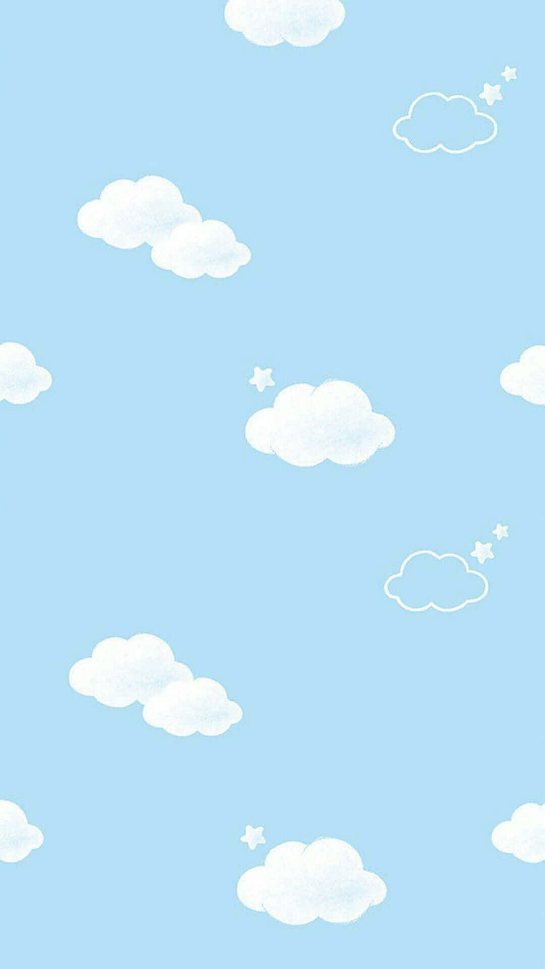 粉藍調雲星裝飾頁壁紙 壁紙 — 柔和粉藍色天空點綴著蓬鬆白雲和細小星星的極簡數位插圖。