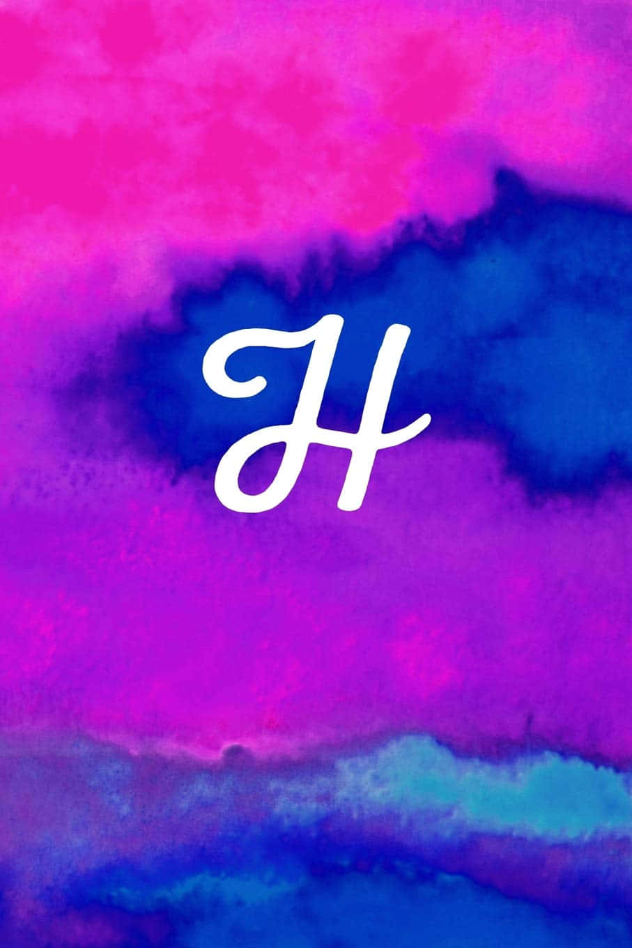 彩色水彩背景上的白色草書字母H。