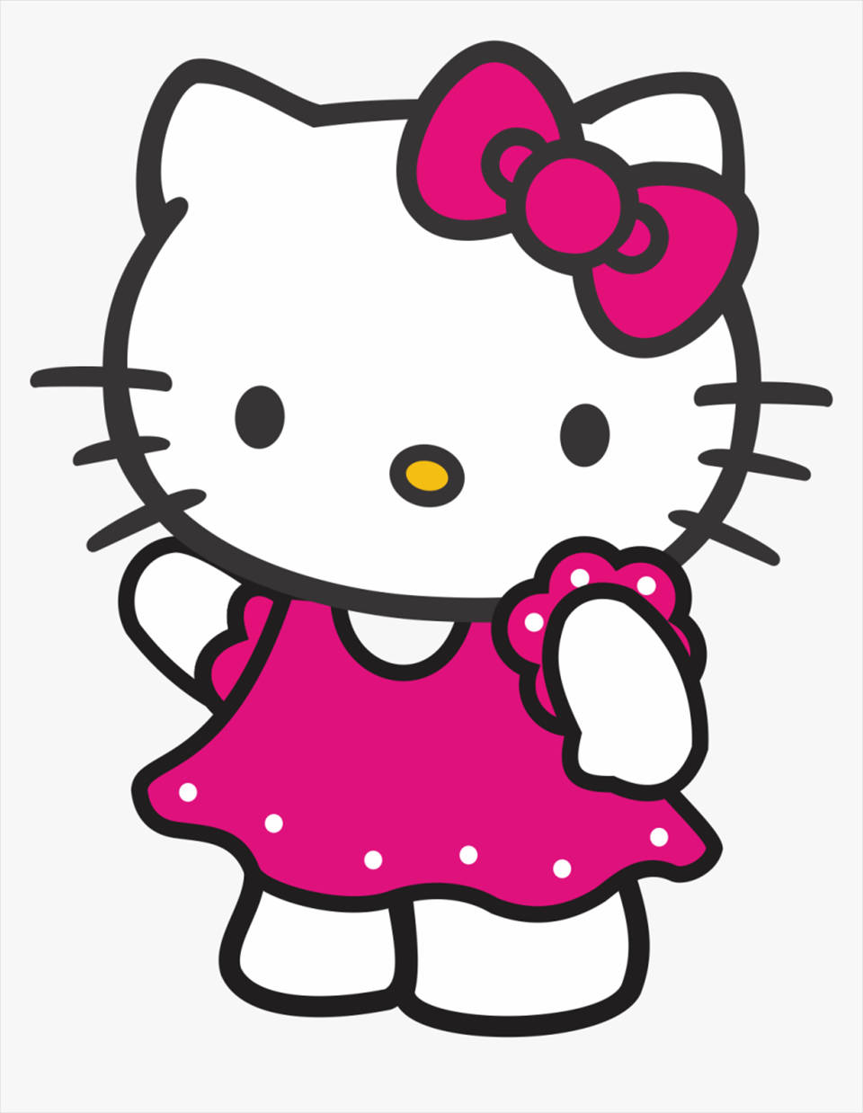 粉裙卡通Hello Kitty頭像 壁紙 — Hello Kitty 卡通角色穿著粉紅色連衣裙和蝴蝶結，站在純色背景前。