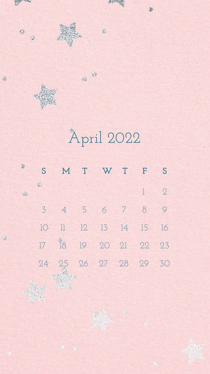 2022年4月月曆，在粉紅色紋理背景上有銀色閃粉星星。