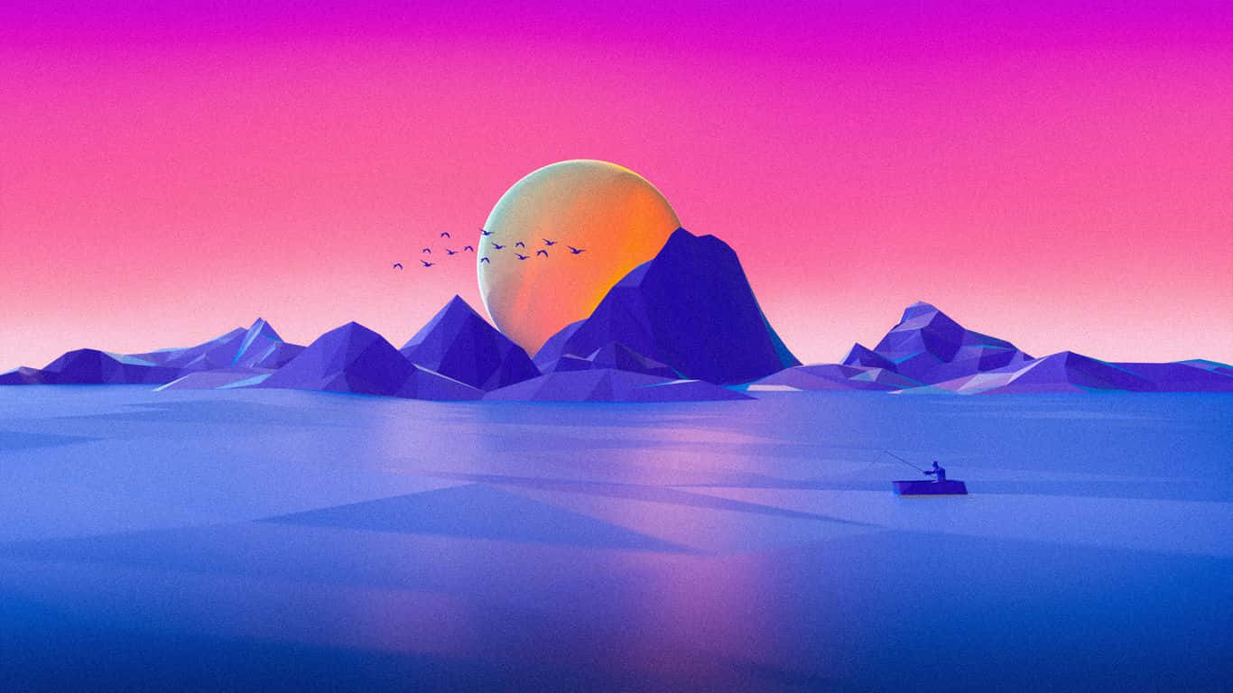 粉霞海景 1366x768 极简風 壁紙 — 一個孤獨的漁夫在小船上漂浮在平靜的藍色水面上，巨大的橙色太陽落在紫色幾何山脈後面。