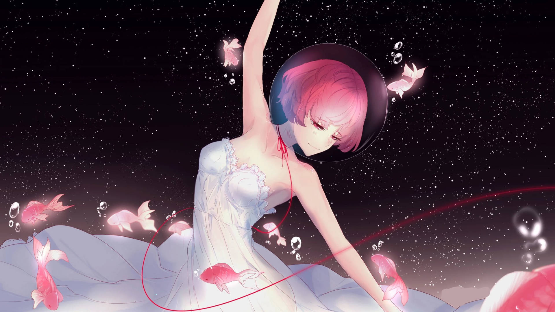 粉紅色頭髮的動漫女孩穿著白色連衣裙漂浮在星空太空中，伴隨著發光的魚和泡泡。