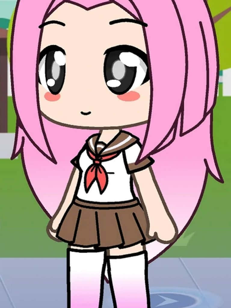 粉紅髮動漫女孩穿著水手服站在戶外