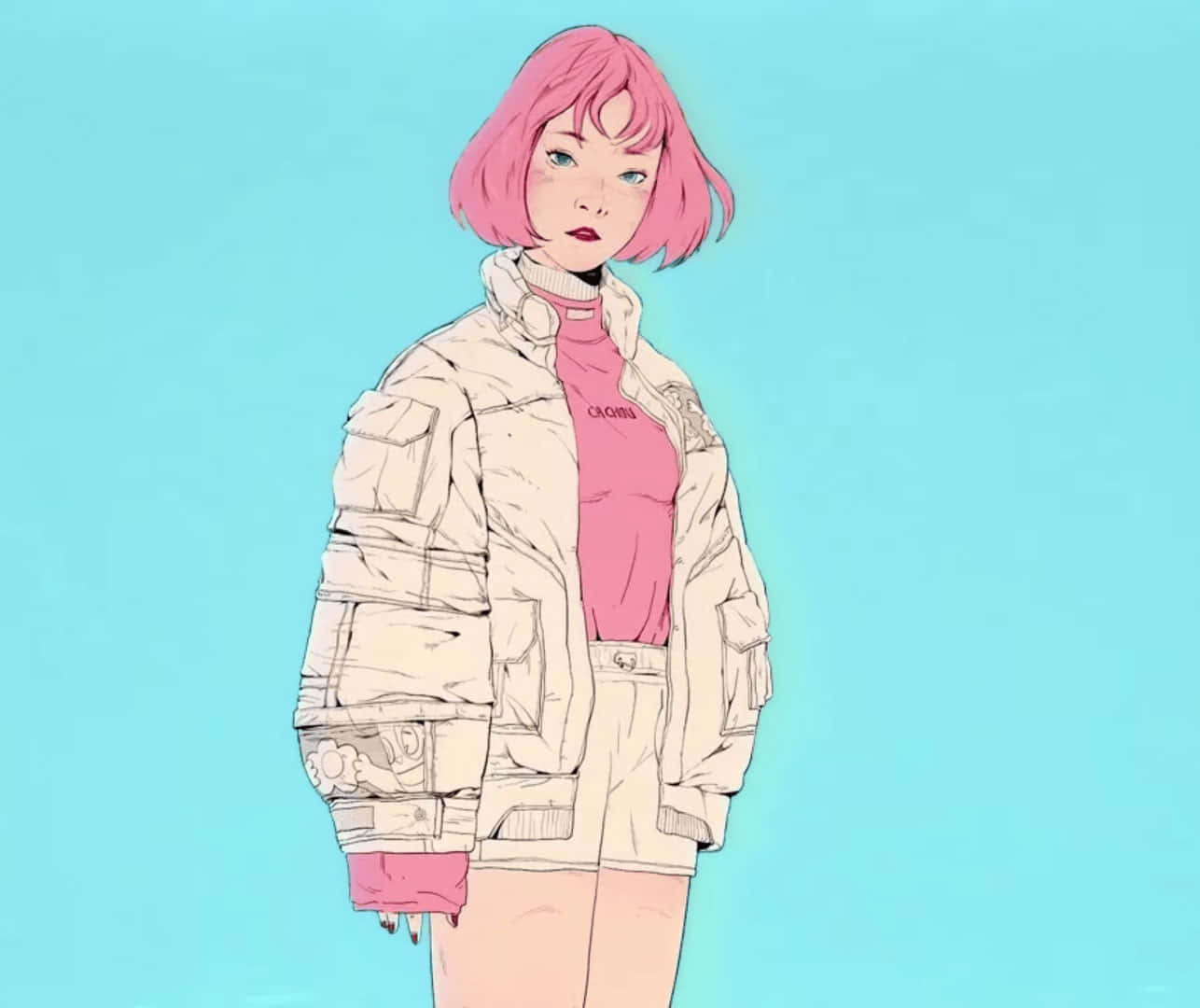 粉髮低音放克動畫女孩 壁紙 — 一個風格化的動漫女孩，粉紅色頭髮和外套，站在純青色背景前。
