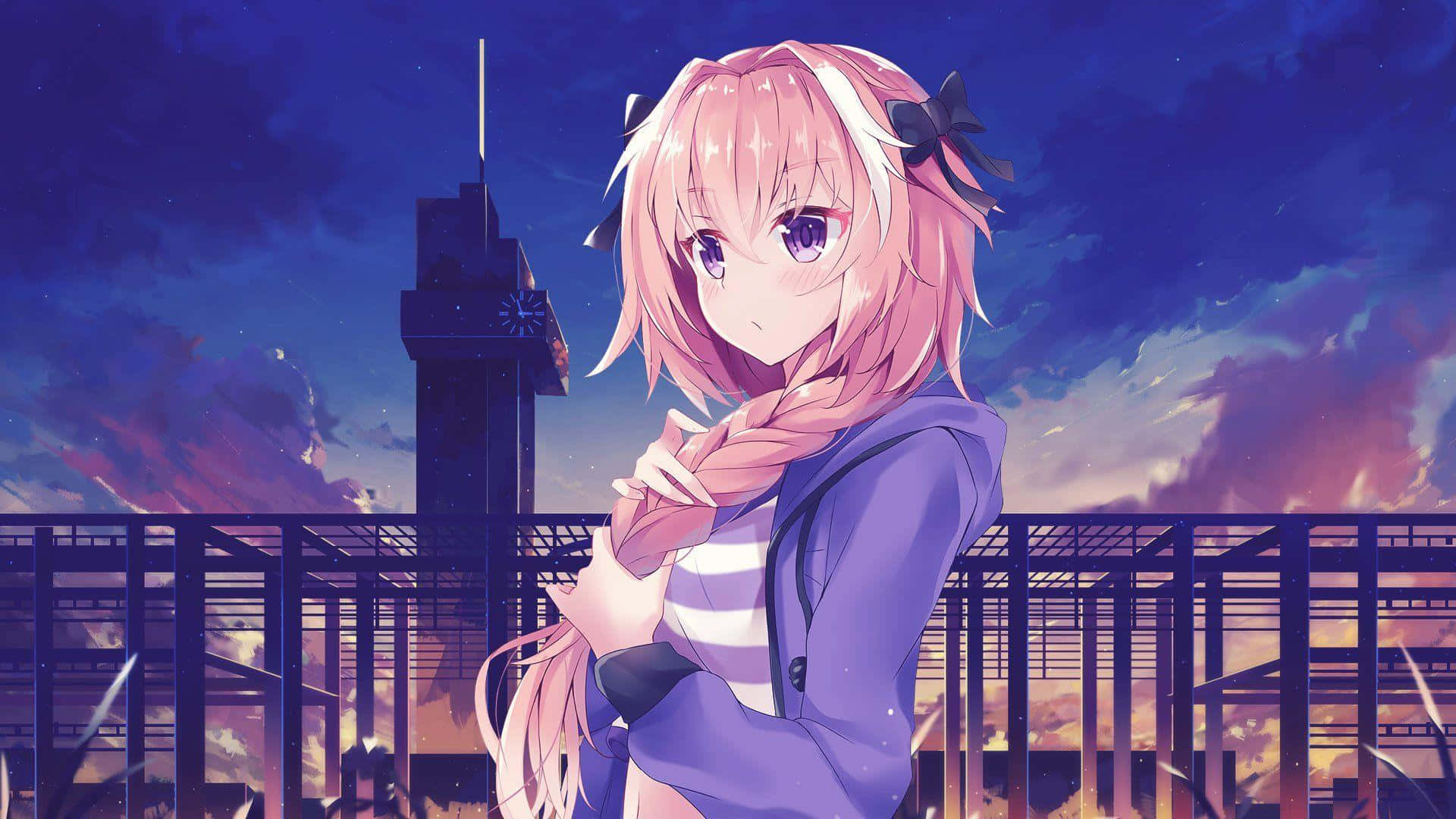 粉髮動漫少女站在建築物前 壁紙