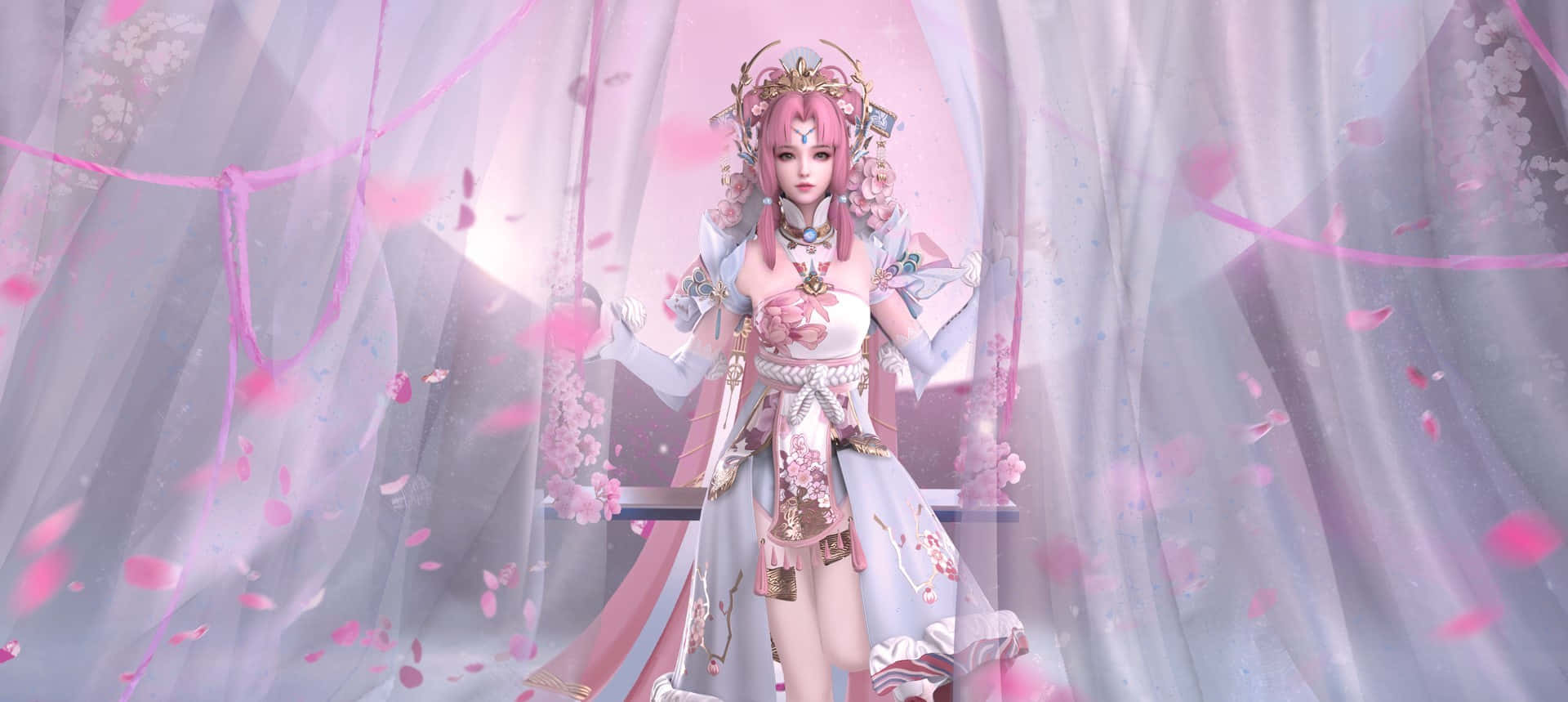 粉髮玩家圖片 壁紙 — 一位粉紅色頭髮的動漫女孩穿著花卉服裝，優雅地站在飄落的櫻花和薄紗窗簾之間。