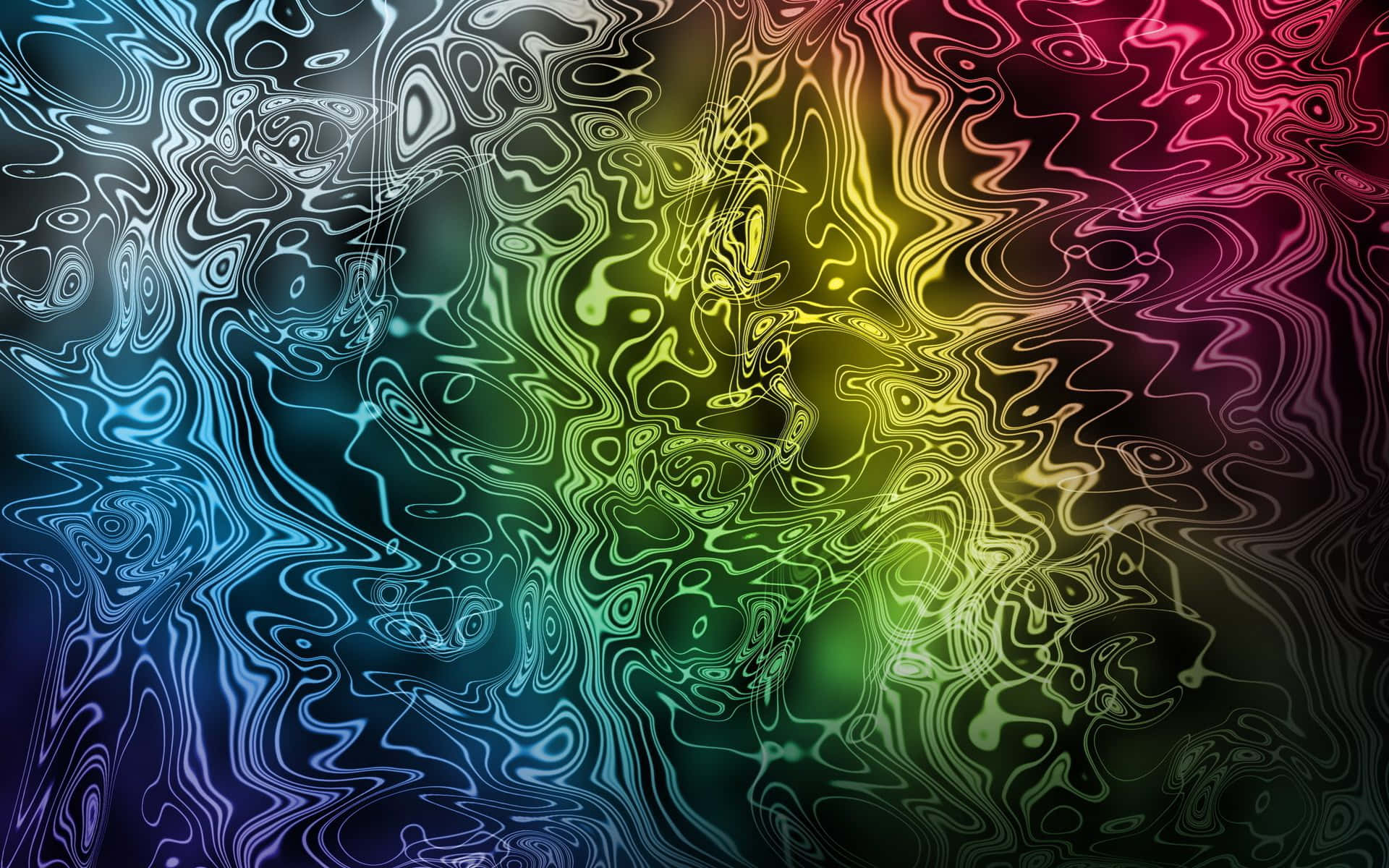 粉黃色光暈背景，配以星星與抽象圖形 壁紙 — 鮮豔的霓虹色彩在黑暗畫布上以迷幻液體波浪流動，創造出迷人的數碼抽象圖案。