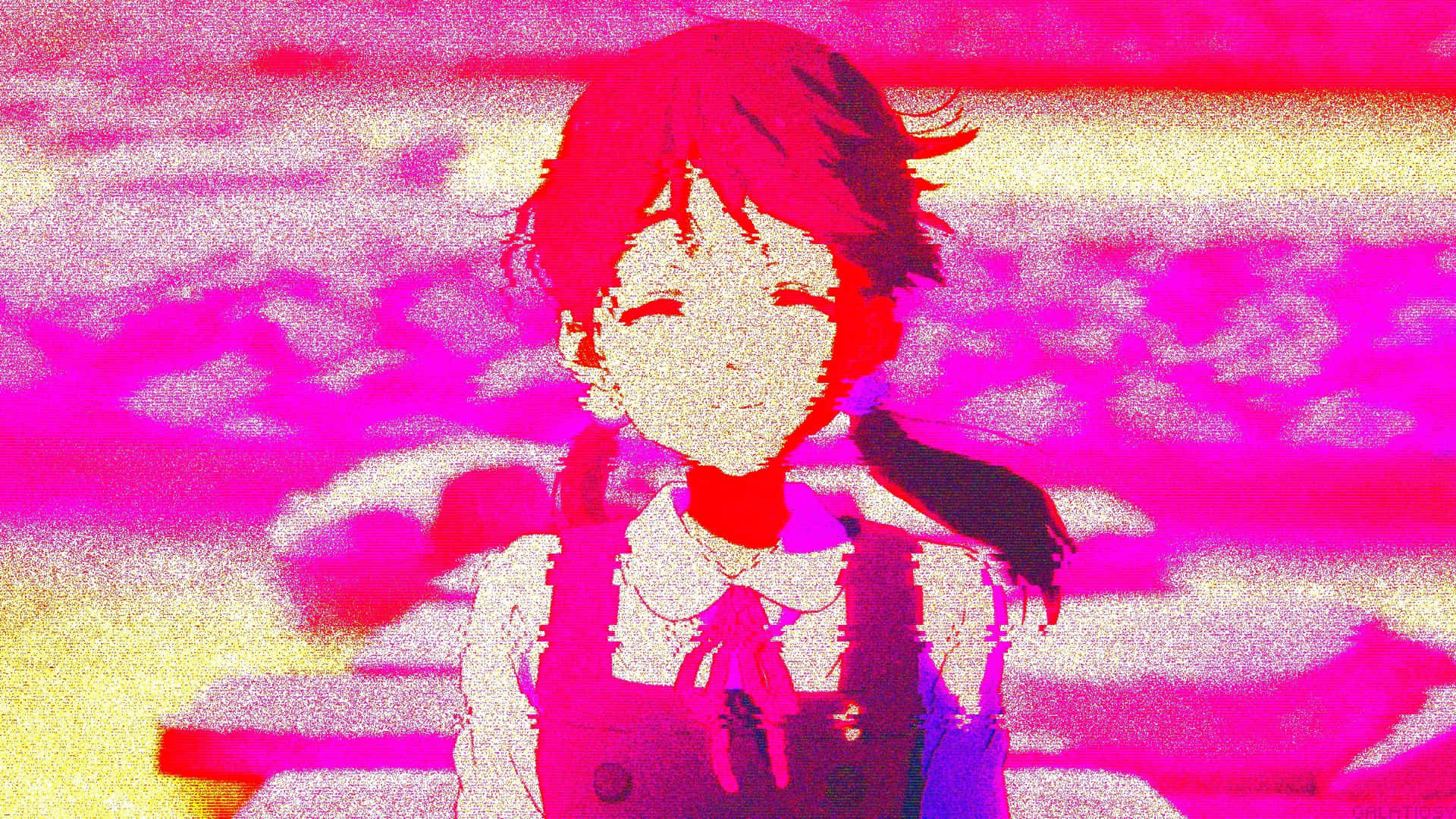 紅頭髮同校服嘅動漫女仔，glitchy 粉紅同黃色背景。