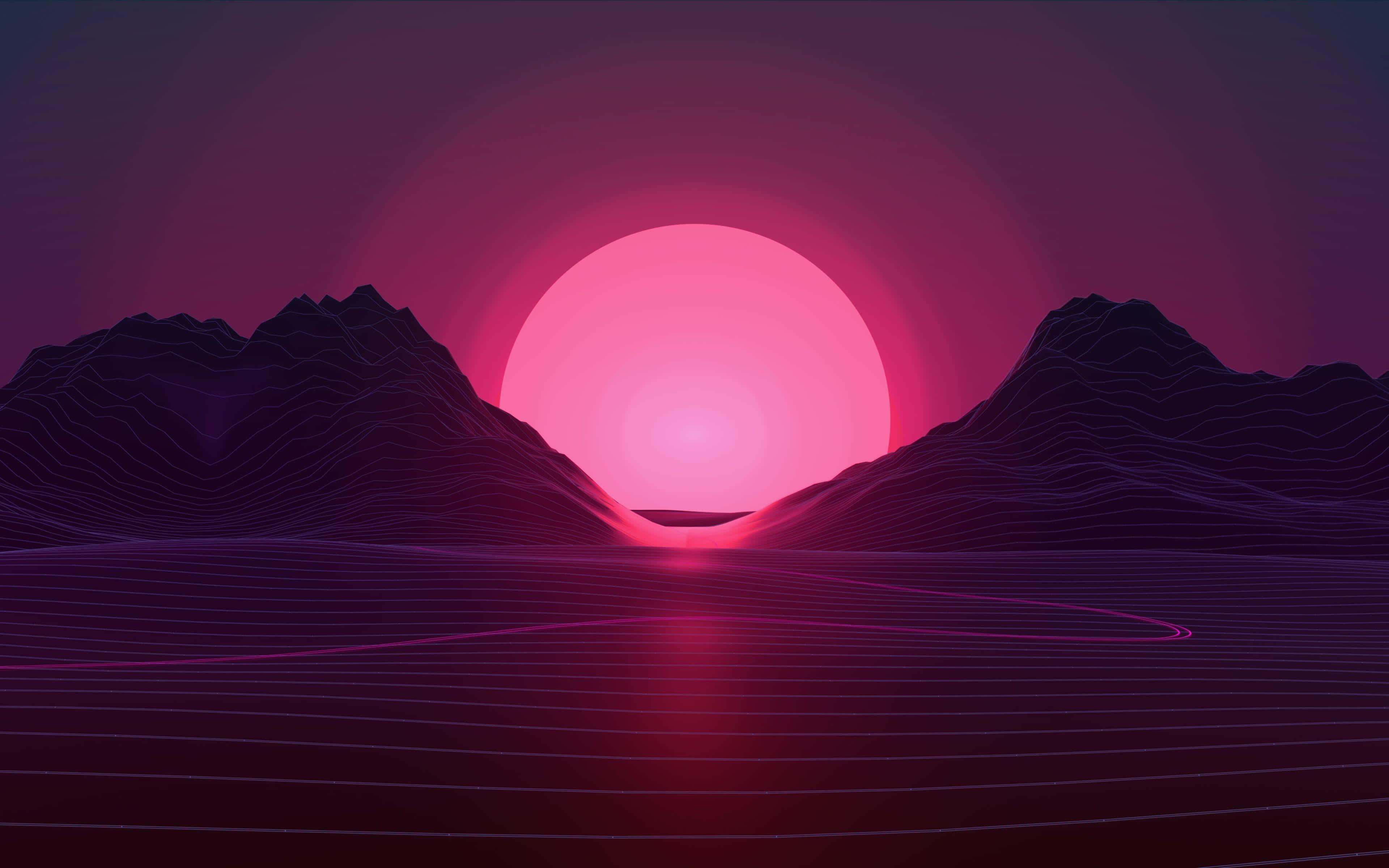 粉黑——生命色彩的對話 壁紙 — 一個復古未來主義的風景，發光的粉紅色太陽在紫色山脈後落下，網格線反射在地面上。