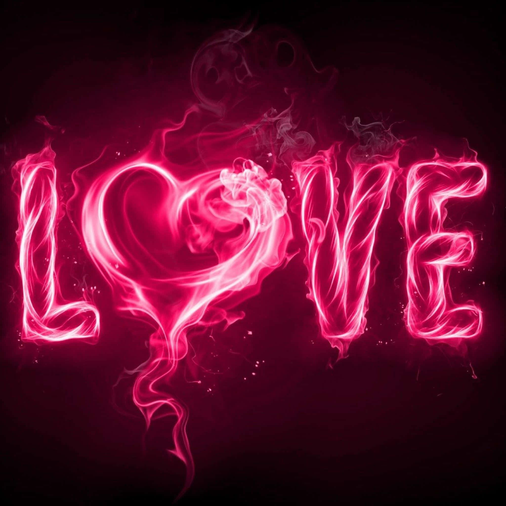 粉黑撞色，打造獨特現代風格 壁紙 — 「LOVE」一詞在黑暗背景中散發著鮮豔的粉紅色煙霧，帶有漩渦狀煙霧和一個心形取代了字母O。