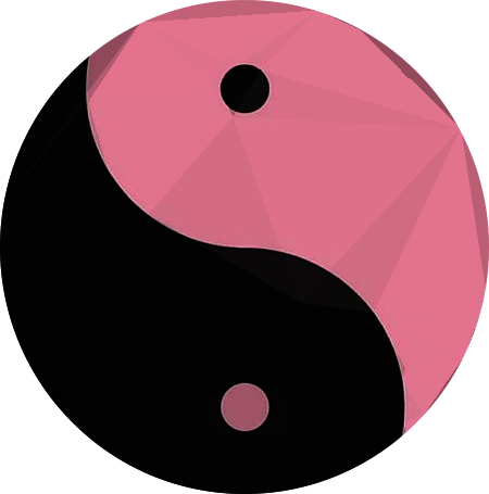 粉黑陰陽圓形標誌 壁紙 — 一個風格化的陰陽符號，以幾何粉紅色和黑色切面在透明背景上呈現。