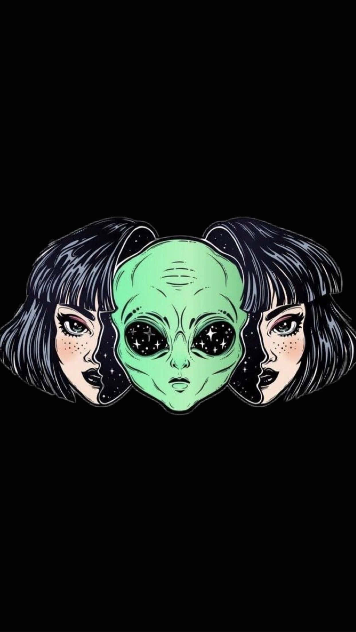 粗獷動漫女孩與外星人 壁紙 — 一個風格化的外星人頭部，帶有星星眼睛，兩側是兩個相同的人類面孔，背景為黑色。