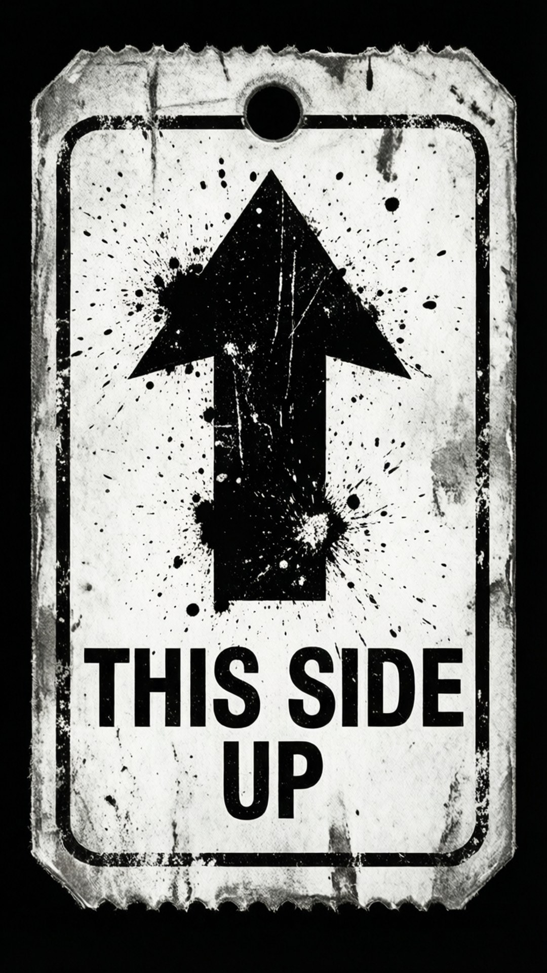 磨損的送貨標籤，箭頭向上，文字 this side up