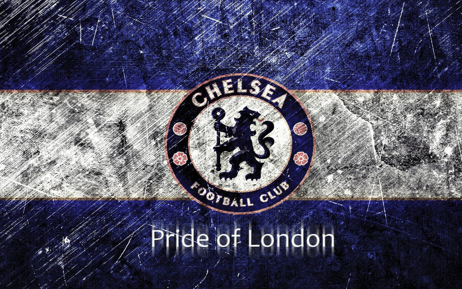 車路士足球會徽章在帶有劃痕的藍白背景上，附有Pride of London文字。