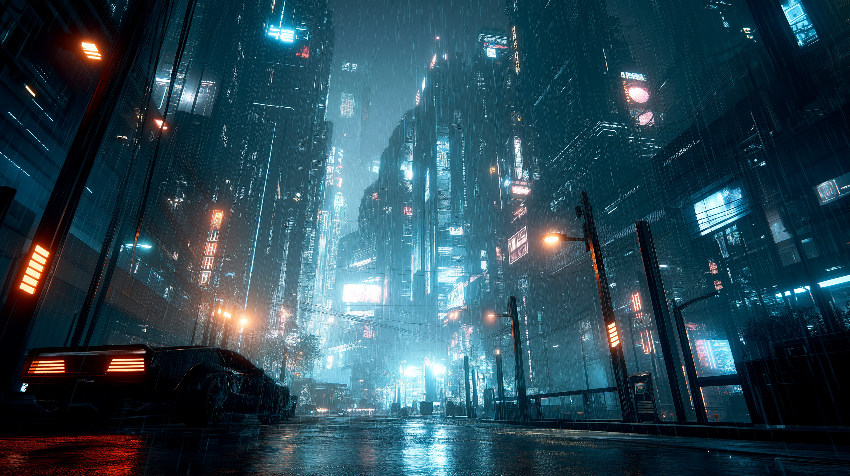 粗獷賽博龐克夜景 壁紙 — 一條被雨水浸濕、霓虹燈閃爍的賽博龐克城市街道，夜晚高聳的摩天大樓在暴雨中發出藍色和橙色的光芒。