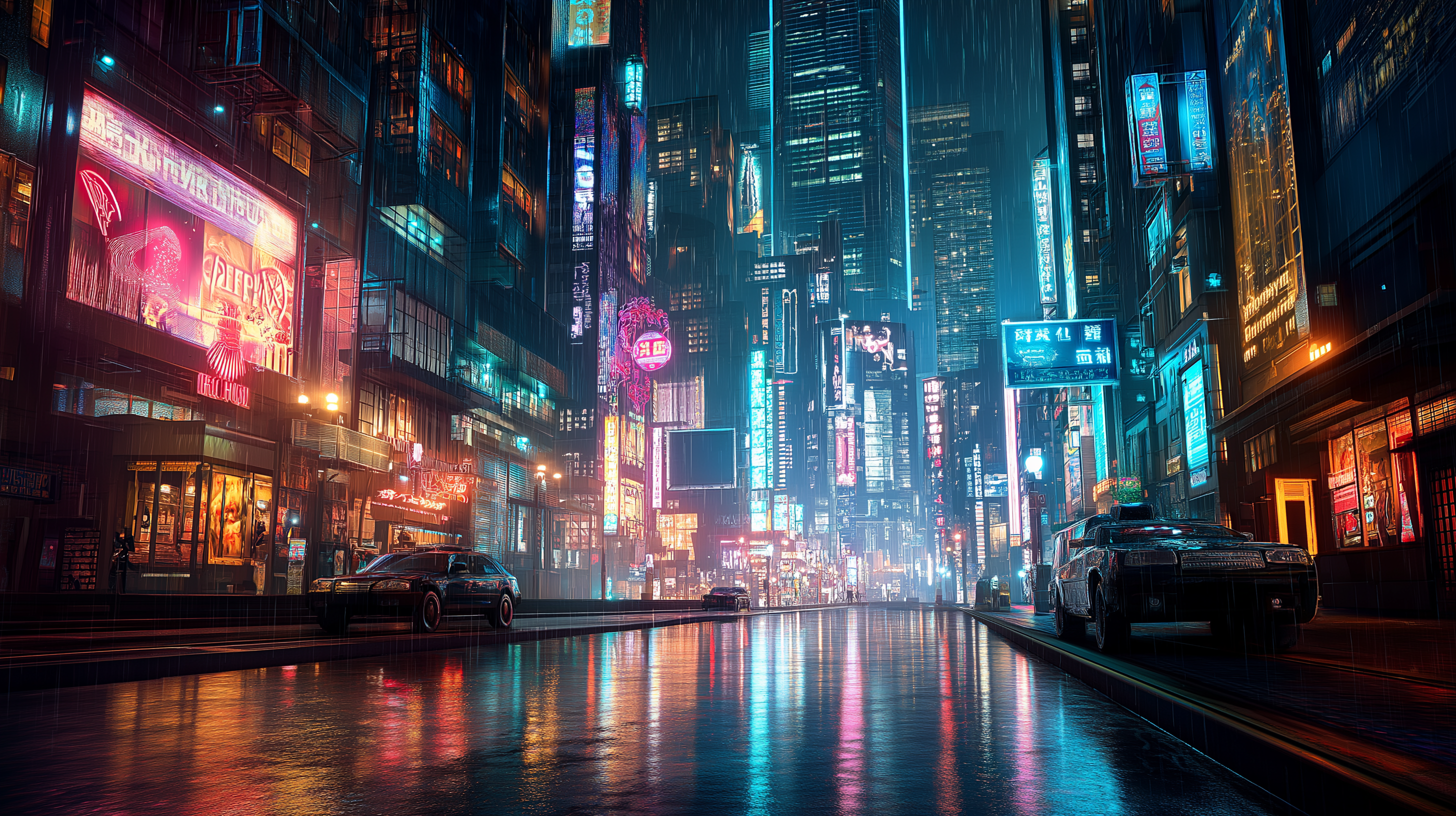 粗獷賽博龐克夜景 壁紙 — 雨水浸濕的霓虹街道反射出高聳的賽博朋克摩天大樓，閃爍著電光藍、粉紅和橙色的光芒。