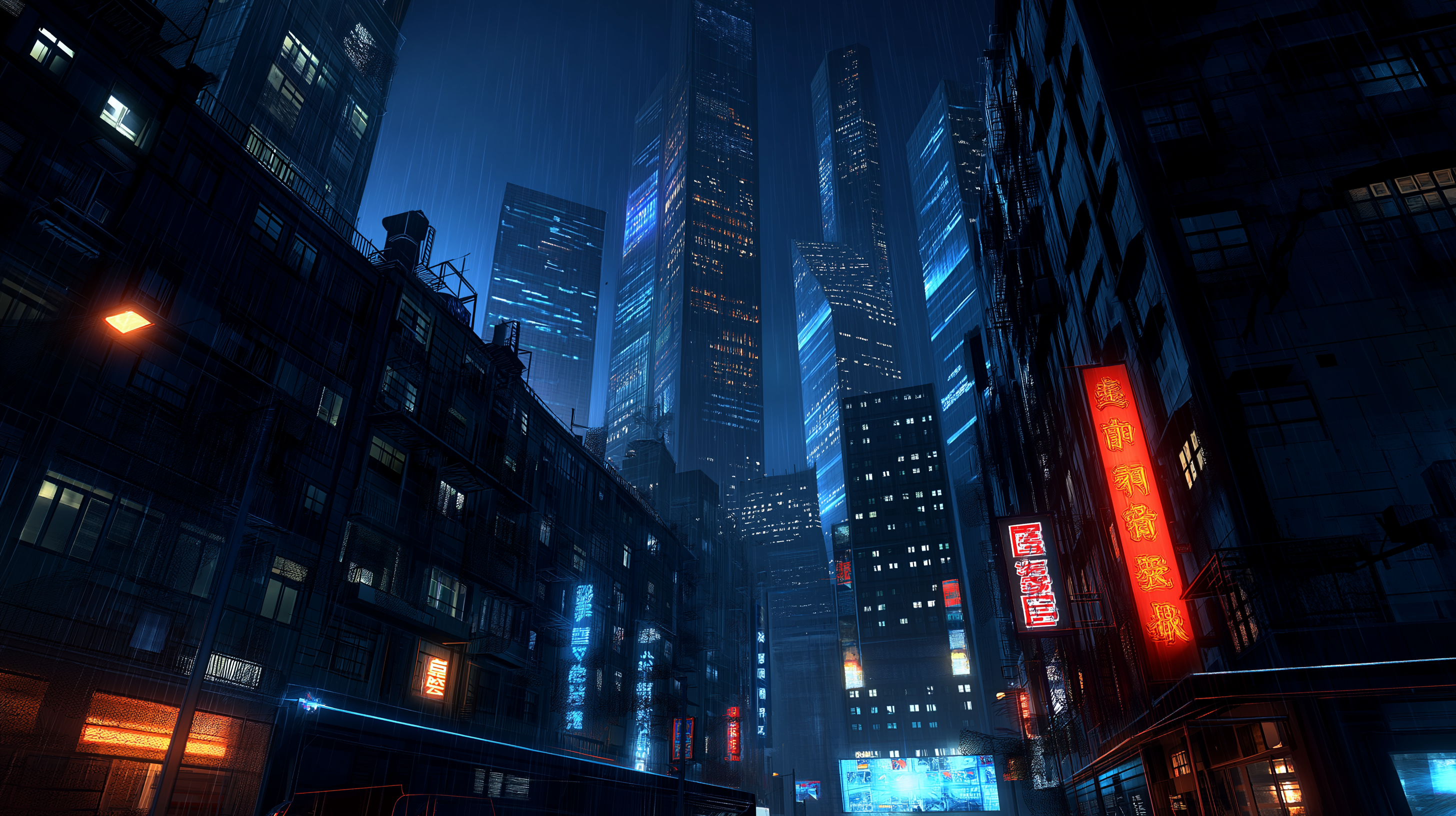 粗獷賽博龐克夜景 壁紙 — 一條被雨水打濕的霓虹燈小巷，位於未來城市，高聳的摩天大樓閃爍著藍色和紅色的標誌，散發出溫暖的光芒。