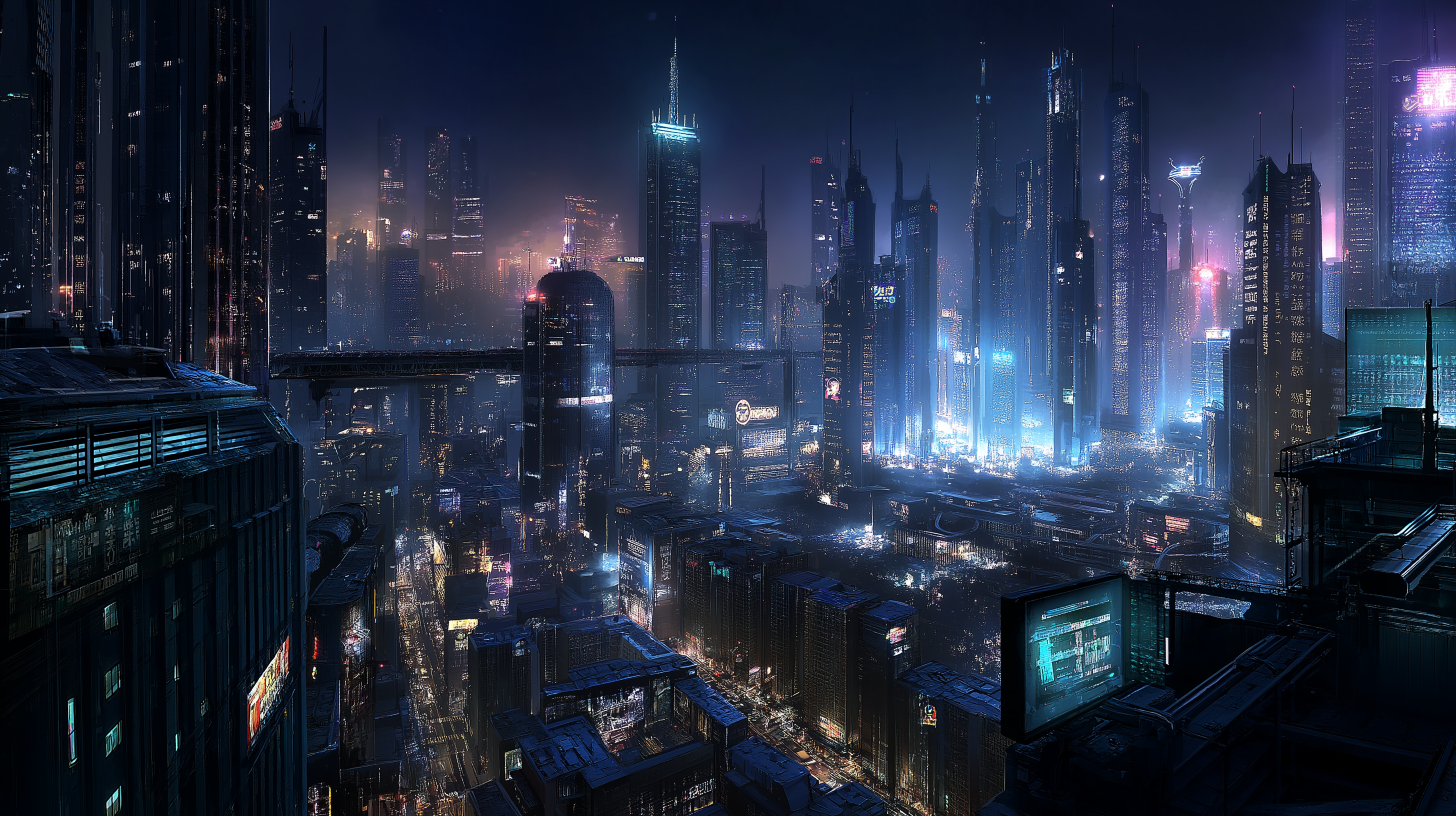 粗獷賽博龐克夜景 壁紙 — 夜晚廣闊的賽博龐克城市景觀，高聳的摩天大樓閃爍著霓虹燈光，全息廣告牌穿透迷霧籠罩的氣氛。