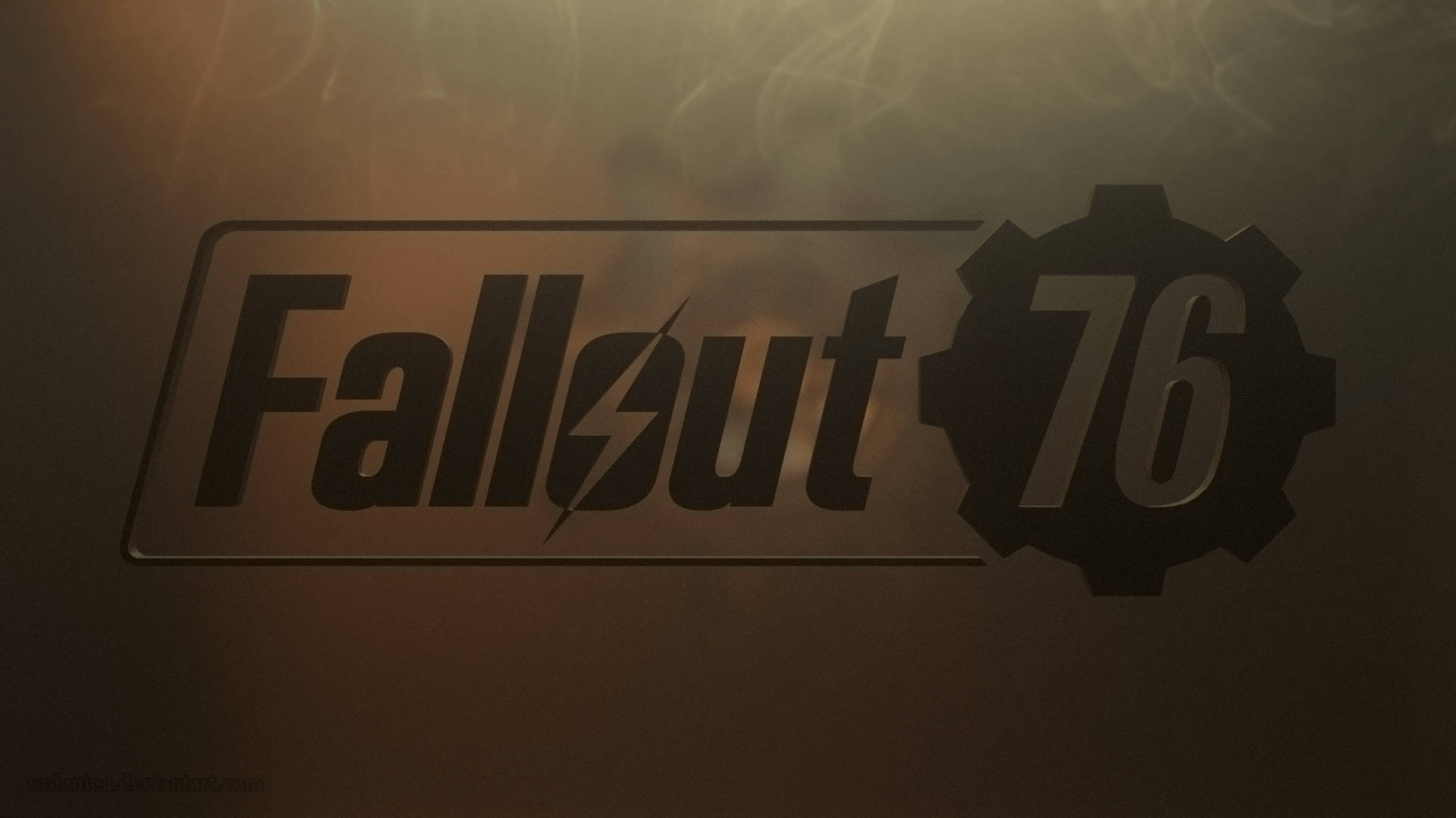 Fallout 76 遊戲標誌，帶有發光金屬文字和齒輪符號，背景煙熏。