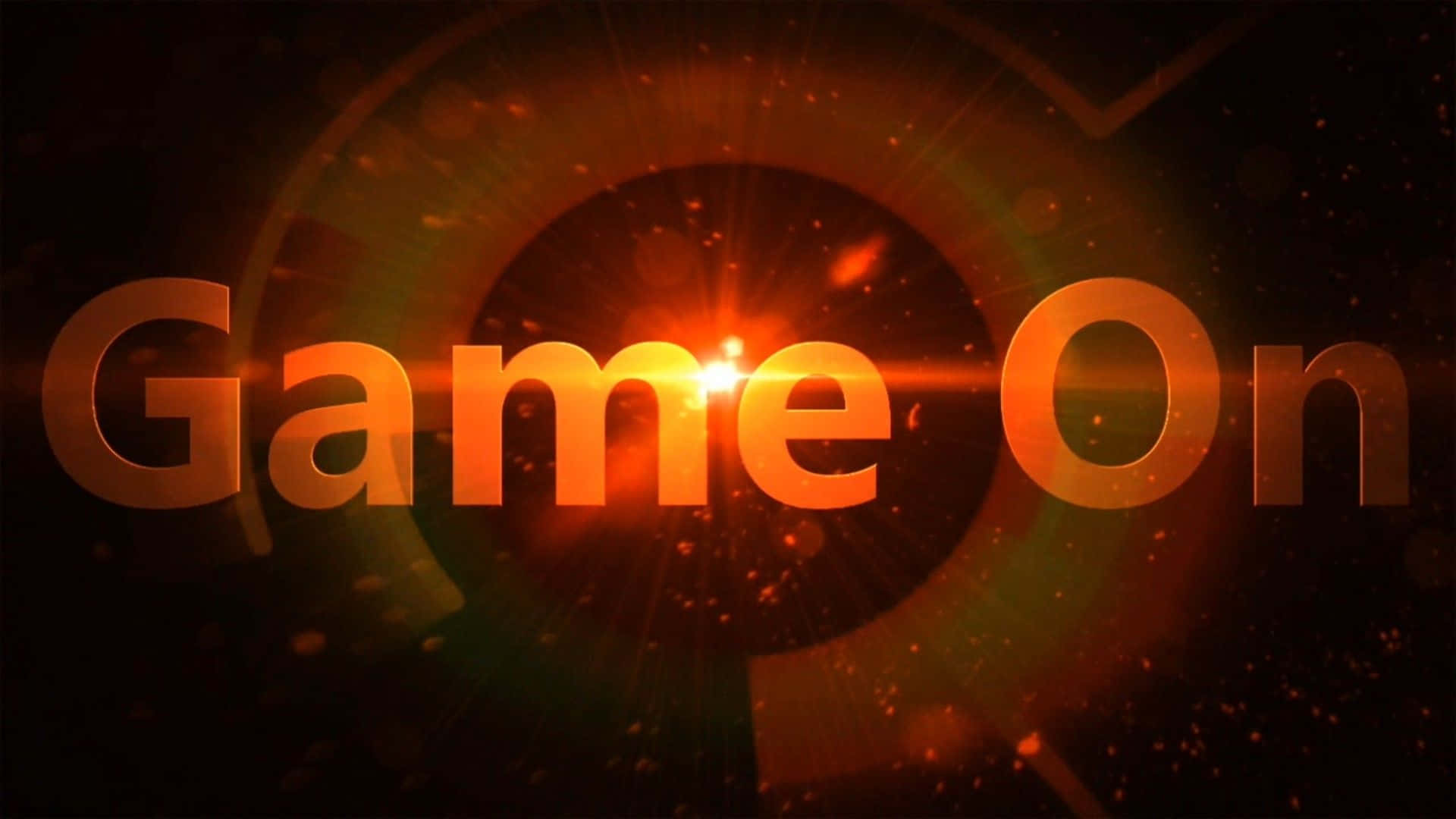 YouTube Gaming 桌布 壁紙 — 粗體 'Game On' 文字在黑暗的宇宙背景中發出火橙色光芒，並帶有浮動粒子和鏡頭光暈。