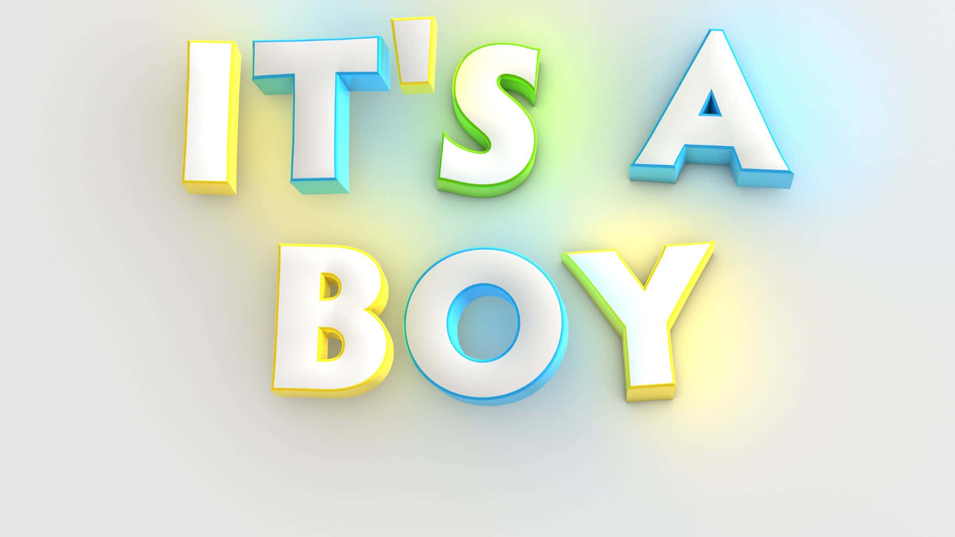 Boy 桌布 壁紙 — 粗體3D字母拼出「IT'S A BOY」，在柔和漸變背景上散發彩虹邊緣光芒。