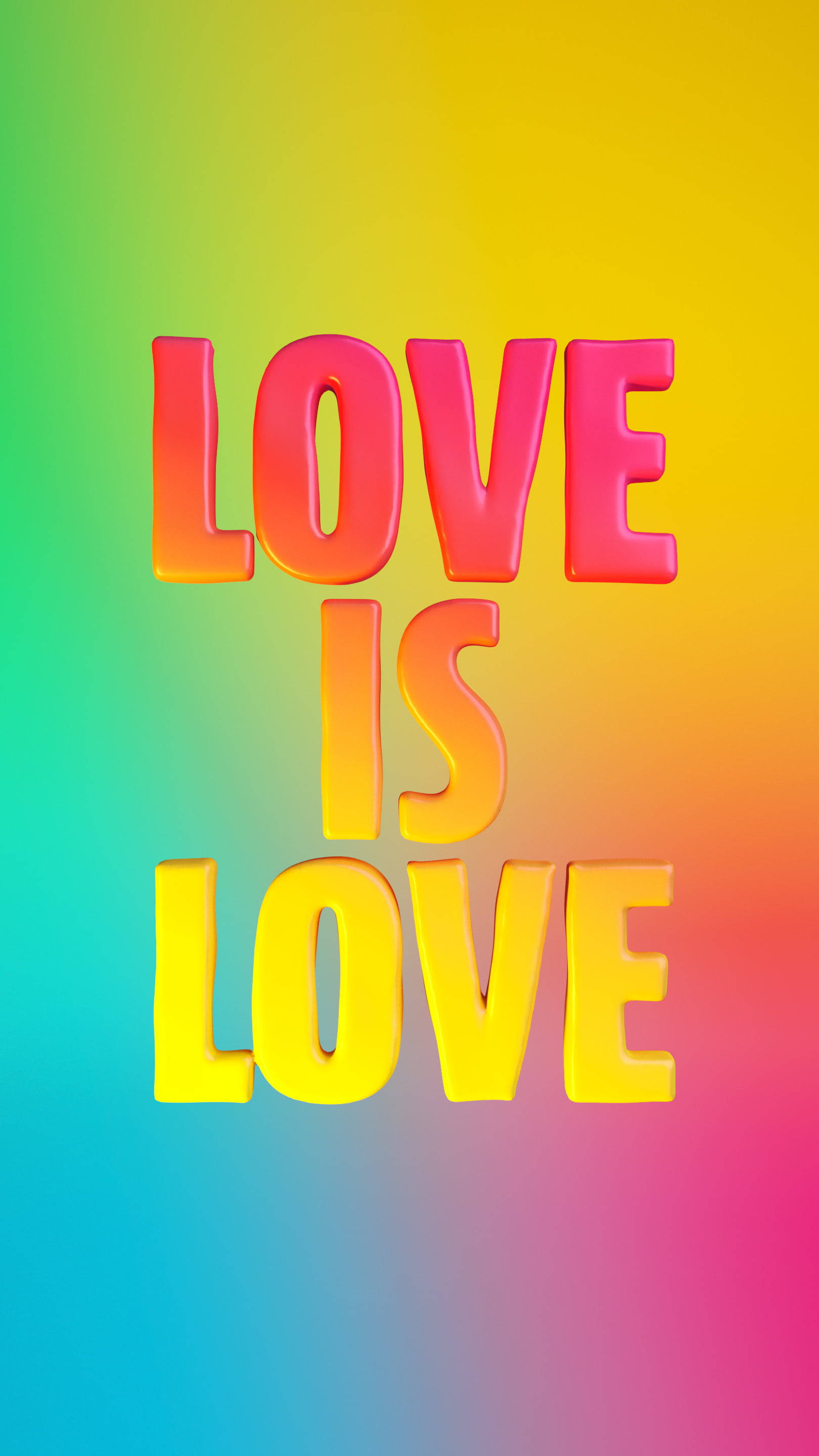 彩色 桌布 壁紙 — 粗體3D字母拼出 love is love，漂浮在充滿活力的彩虹漸變背景上。