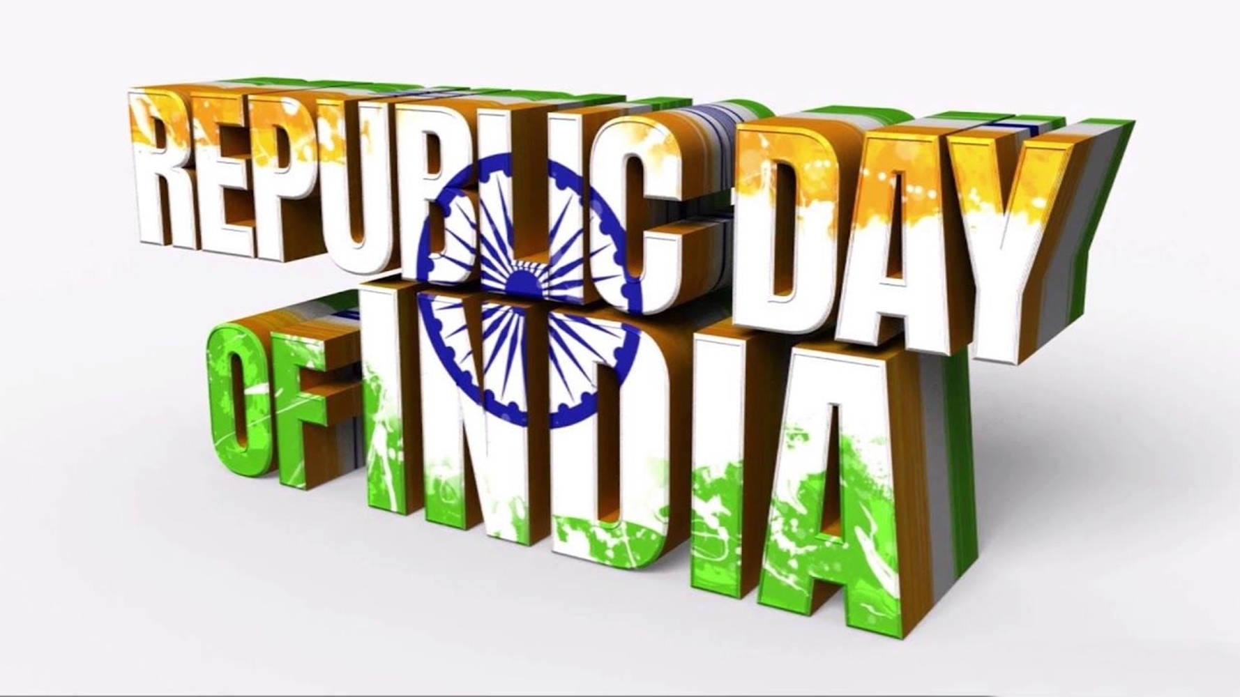India 桌布 壁紙 — 粗體3D文字顯示「REPUBLIC DAY OF INDIA」，字母中嵌入了印度國旗顏色和阿育王法輪。