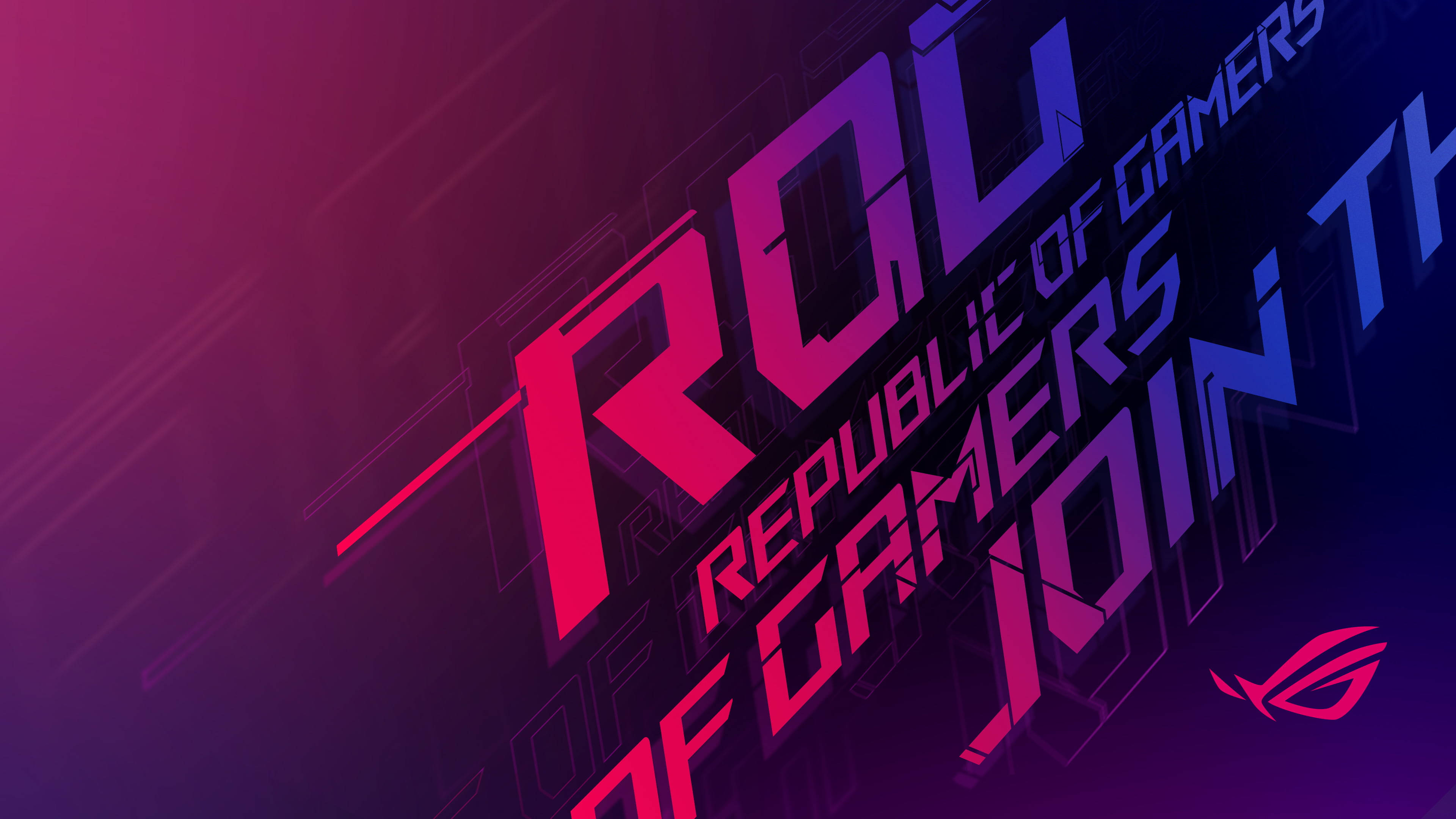 遊戲 桌布 壁紙 — 粗體幾何文字「Republic of Gamers」，以充滿活力的粉紅色和藍色漸變呈現，背景為深色抽象圖案。