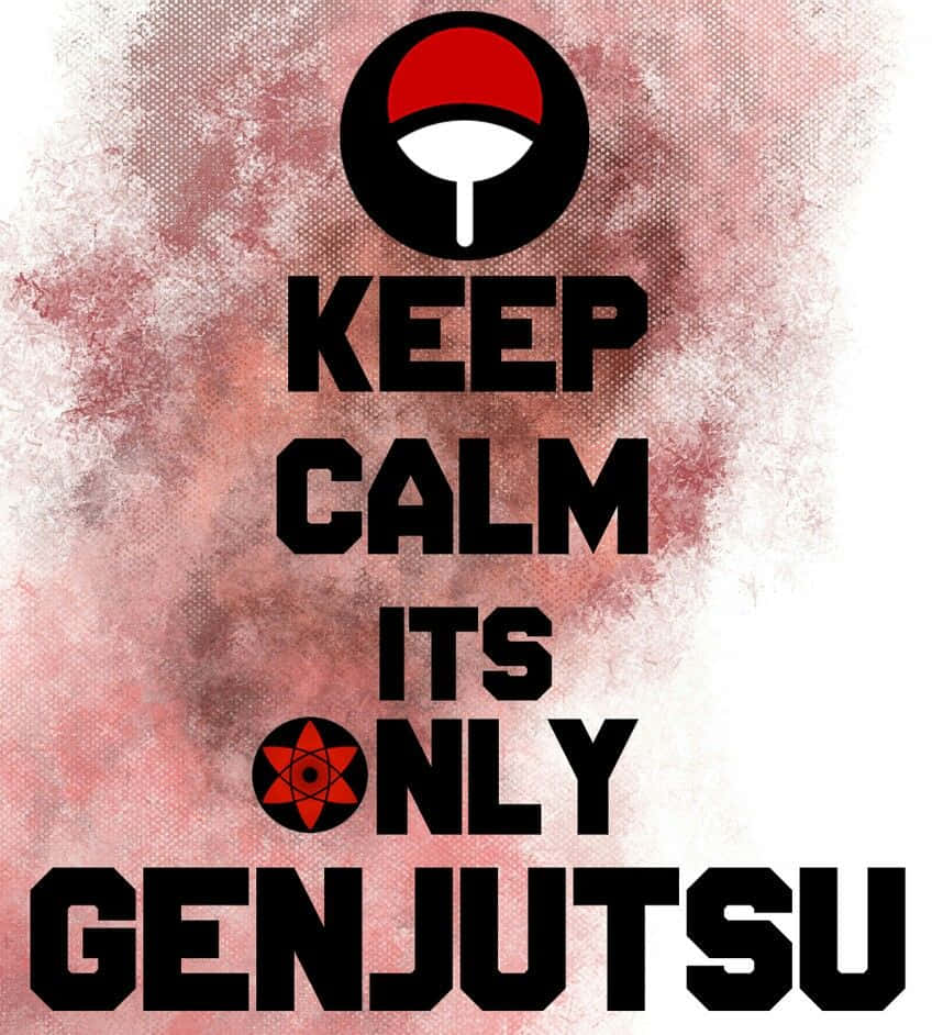 Genjutsu 桌布 壁紙 — 粗體文字 'KEEP CALM ITS ONLY GENJUTSU' 出現在紅色和黑色寫輪眼符號下方，背景為帶紋理的粉紅色和白色。