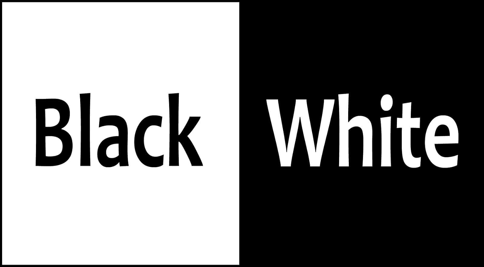 Black And White Word 桌布 壁紙 — 粗體文字在白色背景上顯示「Black」，在黑色背景上顯示「White」，採用極簡分割設計。