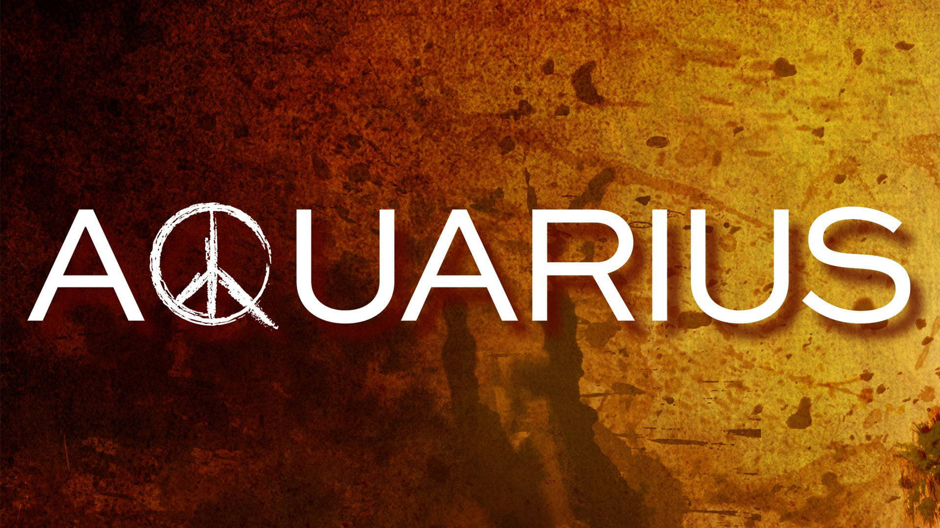 星座 桌布 壁紙 — 粗體白色 'AQUARIUS' 文字，以和平符號取代 'O'，置於有紋理的鏽橙色和棕色 grunge 背景上。