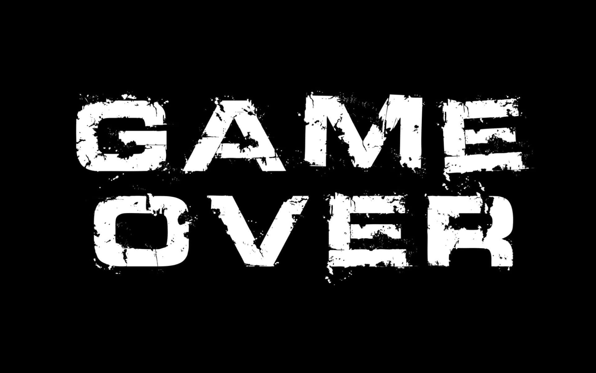 Dark Game Over 桌布 壁紙 — 粗體白色 'GAME OVER' 文字帶有磨損邊緣，與純黑色背景形成鮮明對比。