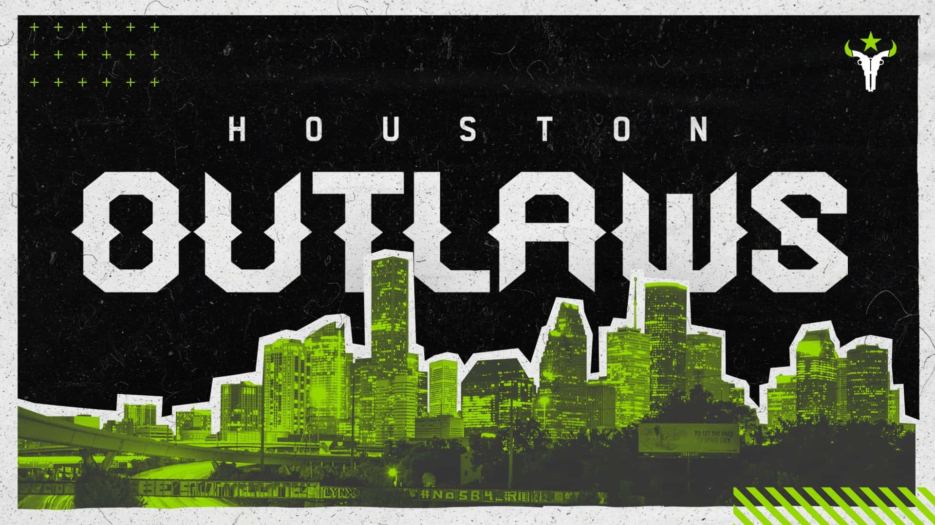Overwatch League 桌布 壁紙 — 粗體白色 'HOUSTON OUTLAWS' 文字懸浮在霓虹綠色城市天際線剪影之上，背景為粗糙黑色。