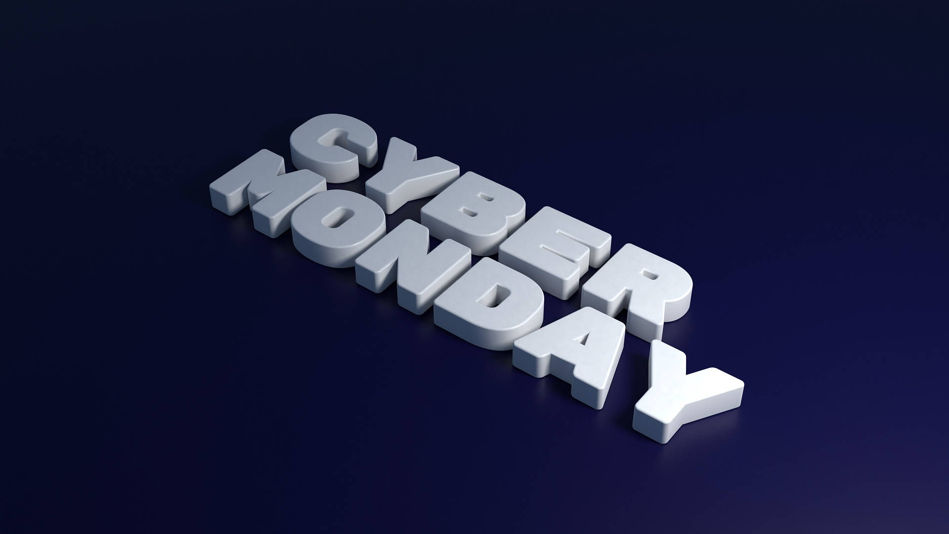 Monday 桌布 壁紙 — 粗體白色3D字母拼出cyber monday，沿對角線漂浮在深藍色漸變背景上。