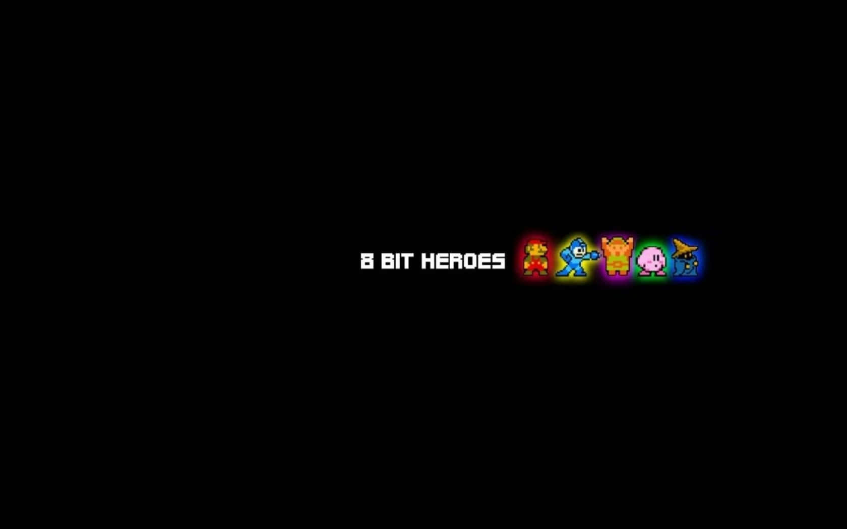 Twitter Header 桌布 壁紙 — 粗體白色文字「8 BIT HEROES」居中位於五個色彩繽紛的像素化遊戲角色上方，在黑色背景上發光。